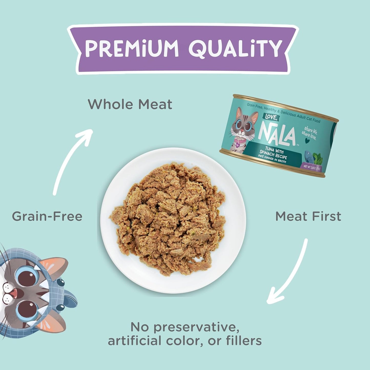 LOVE, NALA - Natural Adult Cat Wet Food - Pate Tuna with Spinach Recipe- Grain Free, Non-GMO, Lean Protein, Iron, Digestive Fiber Blend, Added Minerals & Vitamins - 12 Pack 2.4 lbs.