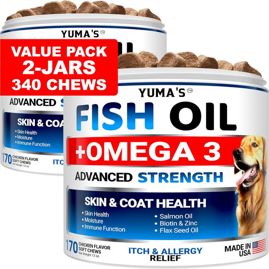 (2 Pack) Omega 3 Fish Oil for Dogs - 170 Chews - Skin and Coat Supplement - Omega 3 for Dogs - Dry & Itchy Skin Relief Treatment - Allergy Support Dog Anti Shedding Treats - Salmon - Chicken Flavor