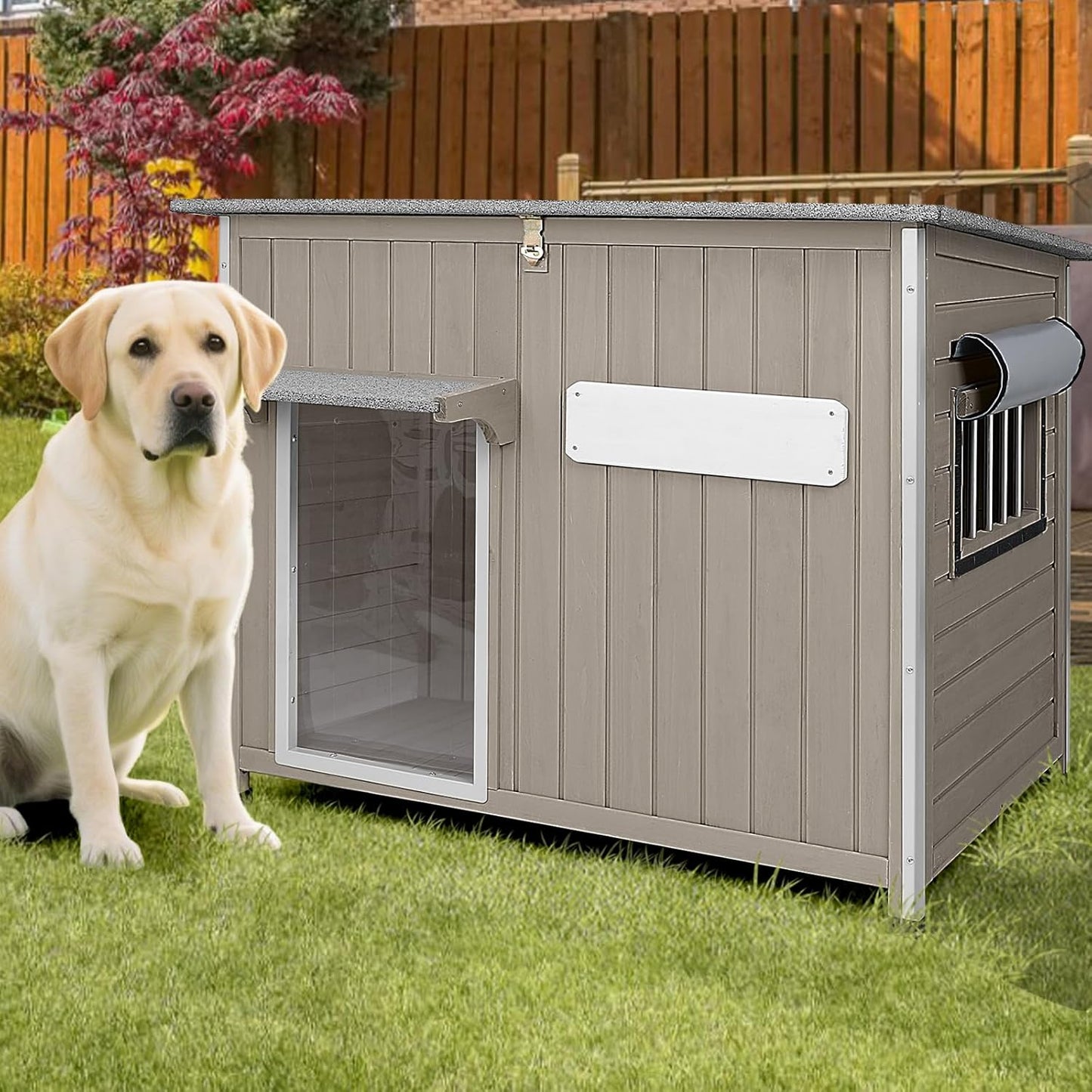 Large Dog House Outdoor XL Wooden Dog House with Weatherproof Asphalt Roof, Chew-Resistant Frame, Removable Floor, for Medium to Large Dogs Indoor Outdoor Use (Grey, 43.3"L x 29.5"W x 33.5"H)