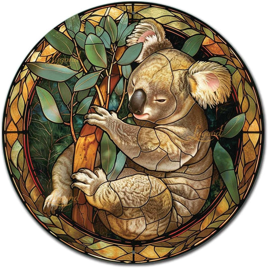 Lygond Metal Sign Tin Sign Circular Stained Glass Koala Kitty Decor for Garden 8×8 Inches