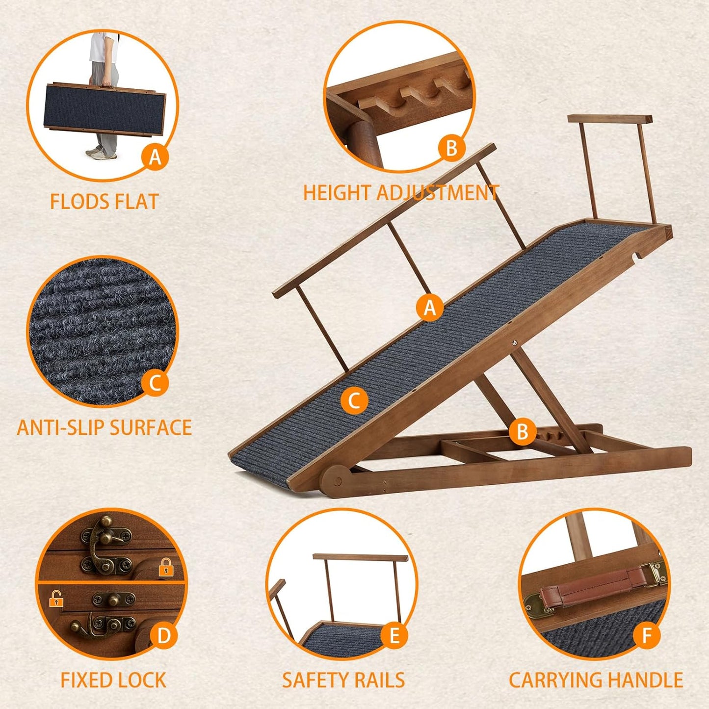 Dog Ramp for Bed, Pet Steps Stairs for Small and Large Dog Portable for Bed, Couch, Car, Height Adjustable, Anti-Slip Traction Mat, Support up to 210 lbs (Black, LENTH-55.1IN)