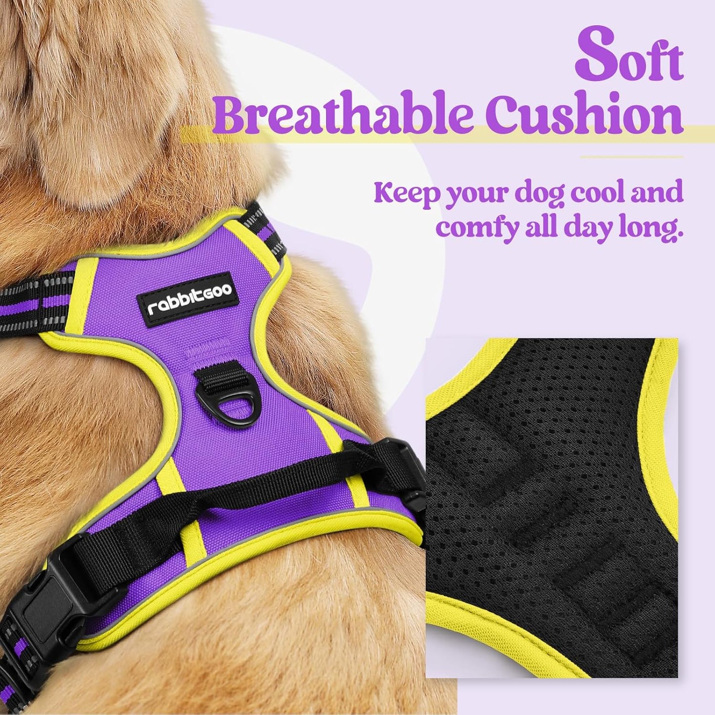 rabbitgoo Dog Harness No Pull with 2 Leash Clips, Adjustable Soft Padded, Reflective Oxford No Choke Pet Vest with Easy Control Handle for Small Dogs, Purple & Yellow, S