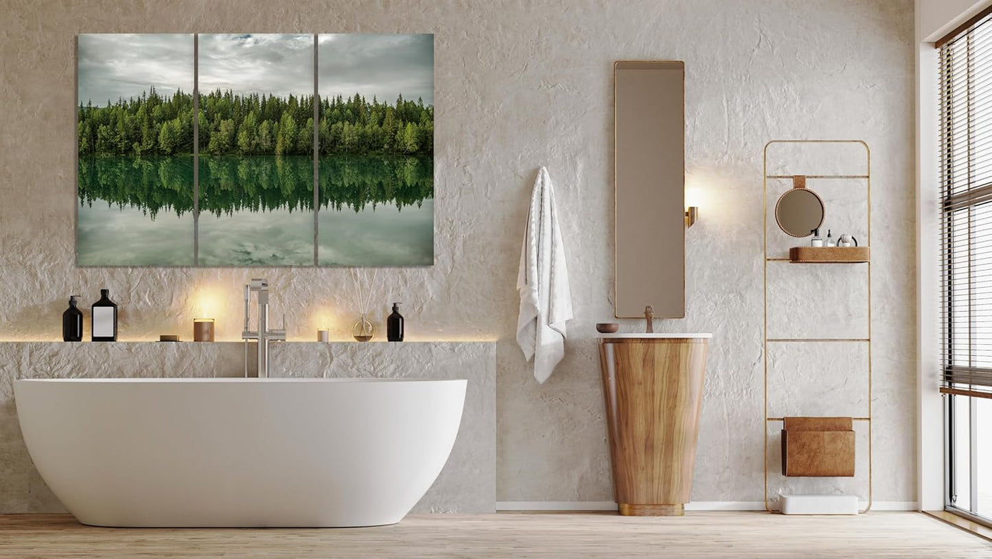 Nature Wall Art Prints - Ocean Forest Mountain Lake Canvas Landscapes - Small to Extra Large Living Room Bedroom Kitchen Bathroom Décor (Forest Reflection, 47L" x 71W" - 3 panels)