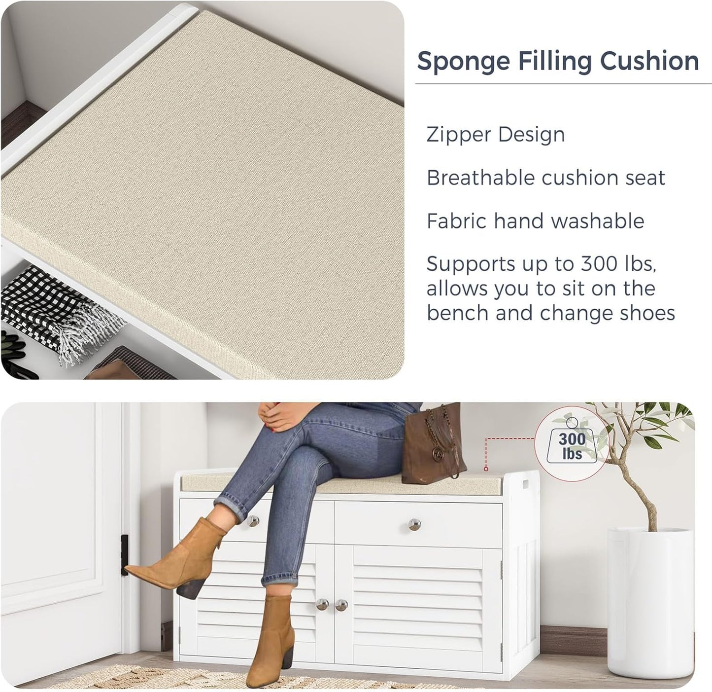 Shoe Storage Bench with 2 Drawers & 2 Doors, Entryway Bench with Cushion, 2 Adjustable Shelves, Shoe Cabinet for Entryway, Living Room, Hallway, Mudroom, Bedroom, White