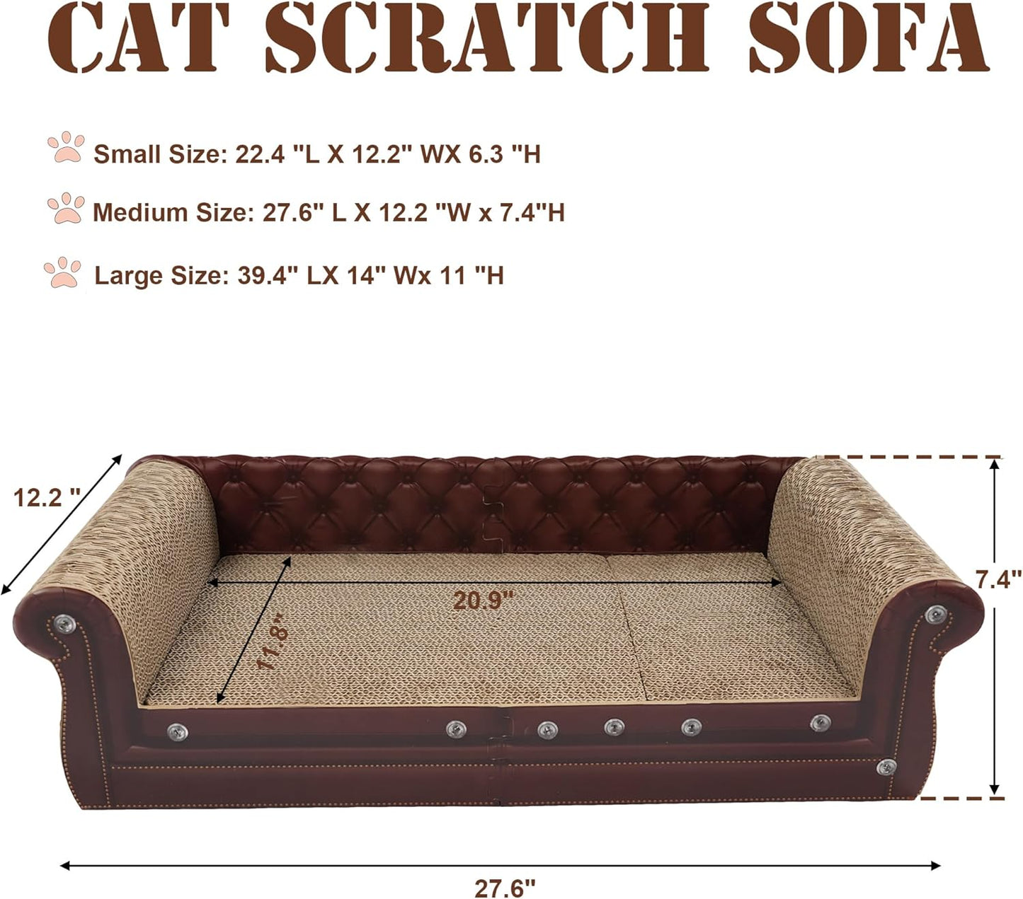 Scratching Sofa, Couch Shaped Thick Scratching Cardboard, Lounge Bed for Indoor Rest&Play, Sofa Scratcher Pad (Brown, 27.6" L X 12.2" W X 7.4" H)