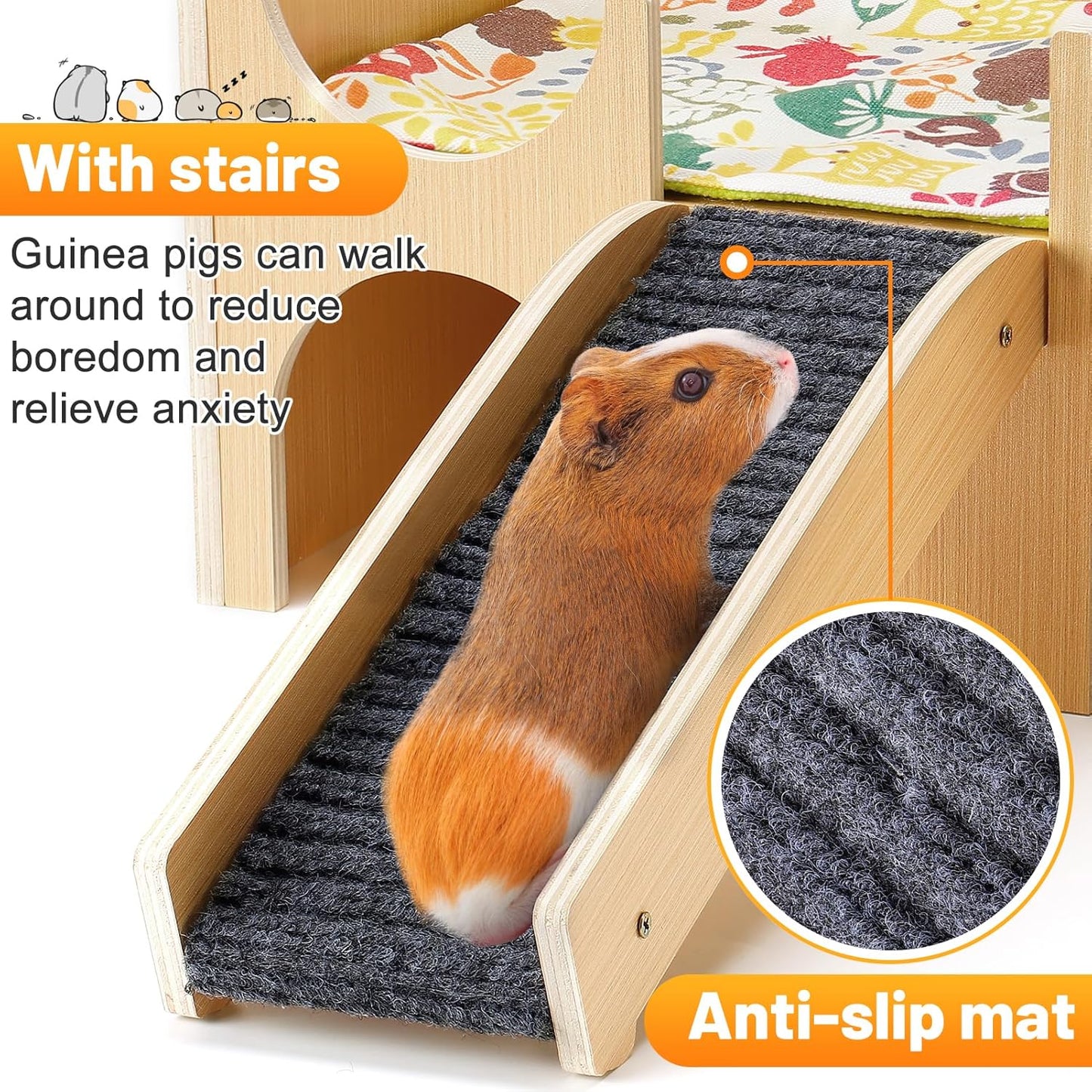 Upgraded Guinea Pig Castle, Sturdy Wooden Guinea Pig Hideout, Small Animal House Bed Hut Habitats with Stairs, Easy to Assemble for Hamsters Bunny Chinchillas Playing Hiding