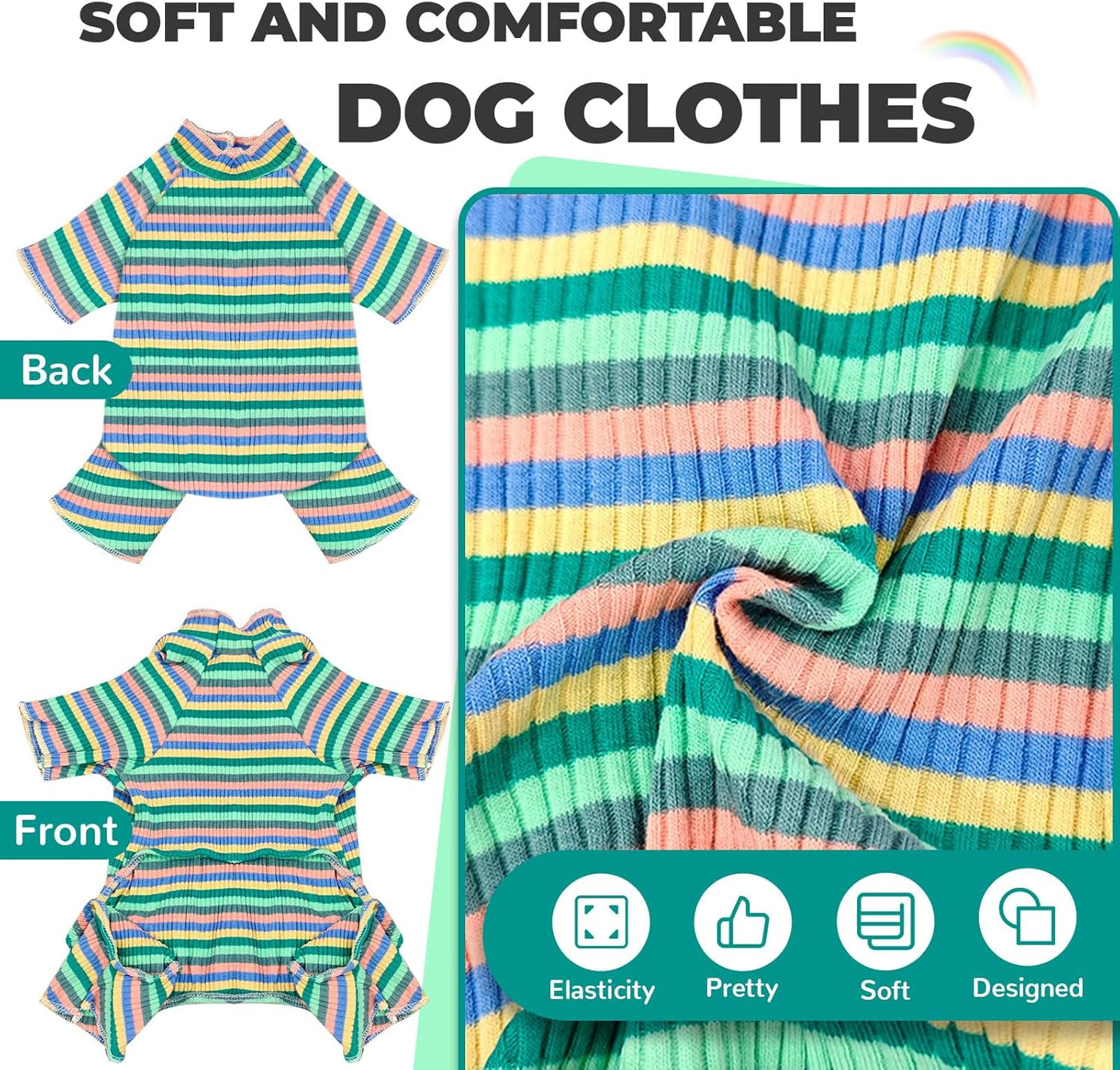 BAEJMJK Striped Dog Pajamas Stretchy Cute Four-Legged Boy Girl Dog Clothes with Sleeves Comfortable Dogs Jumpsuit Colorful Pet Puppy Outfits Apparel for Small Medium Dogs Cats(Green,Small)