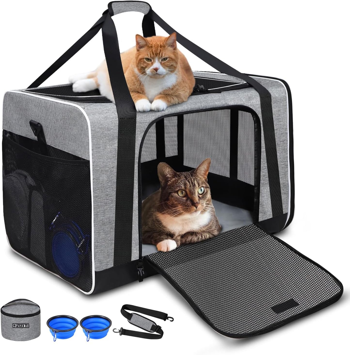 Petskd Extra Large Pet Carrier 24"x17"x17" for Large Cat or Medium Dog, Collapsible Soft Sided Dog cat Carrier for Long Trips with Lockable Safety Zippers(Grey)