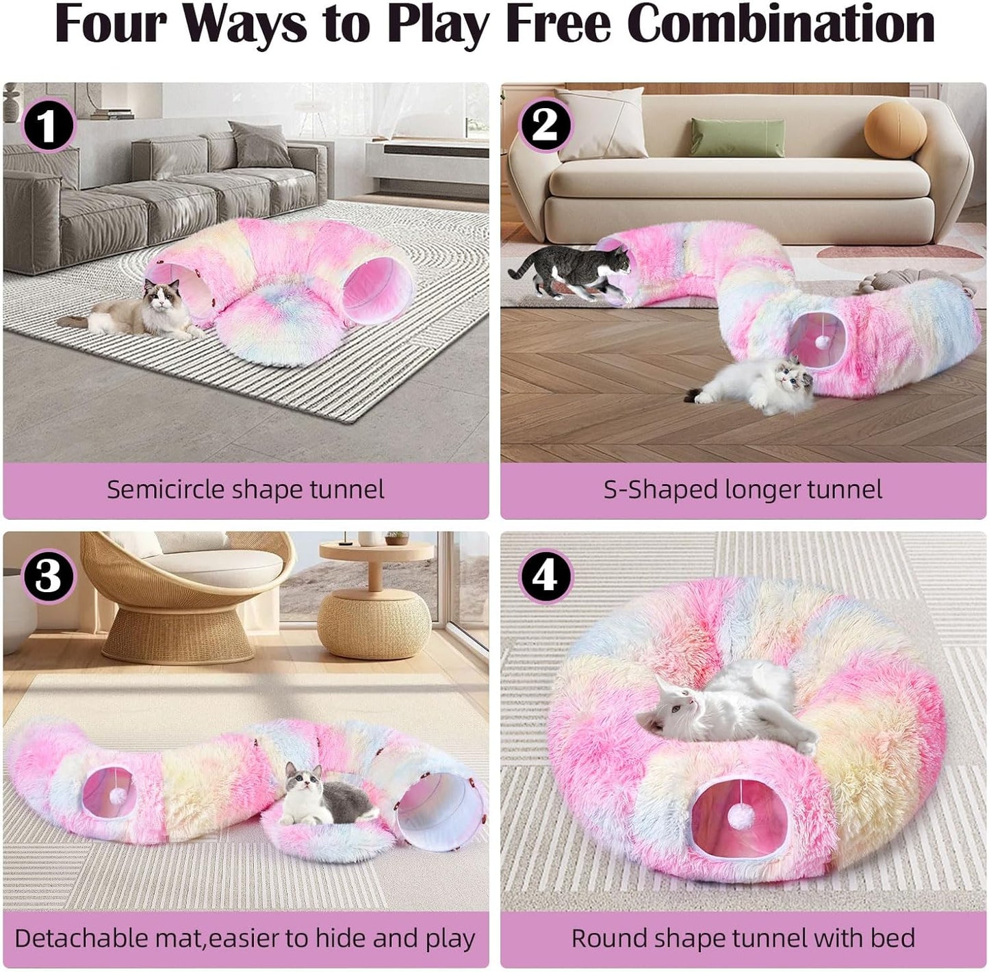 Odoland Cat Tunnels Bed with 20 Cat Toys for Indoor Cats, Plush Cat Couch Tunnel Bed for Kitten, Cat Cave Donut Tunnel - Detachable Soft Cat Bed and Variety Kitty Toy Set, Pink
