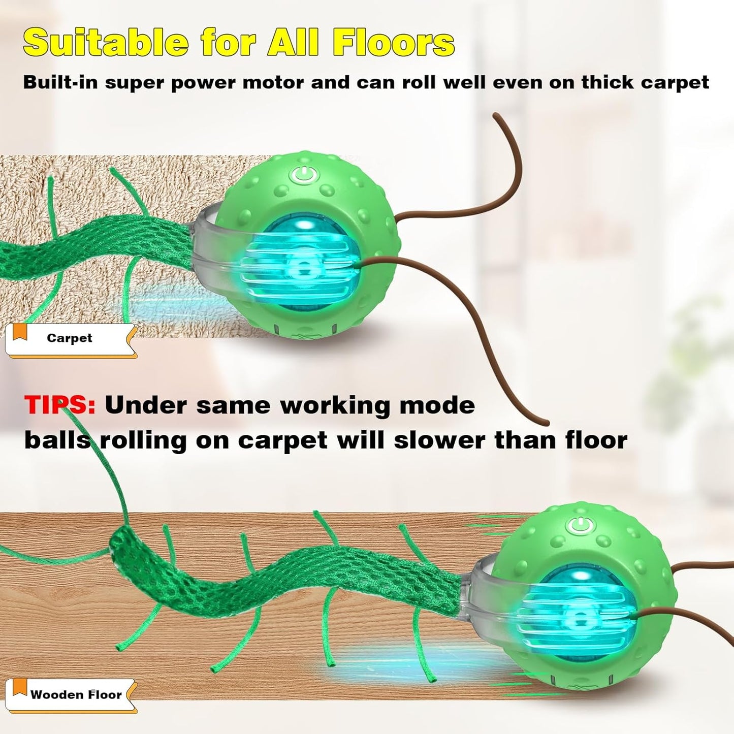 Interactive Cat Toys for Indoor Cats, Moving Cat Ball with Tail, Fast Rolling on Carpet, Chirping & Motion Activate Toy for Bored Indoor Adult Cats