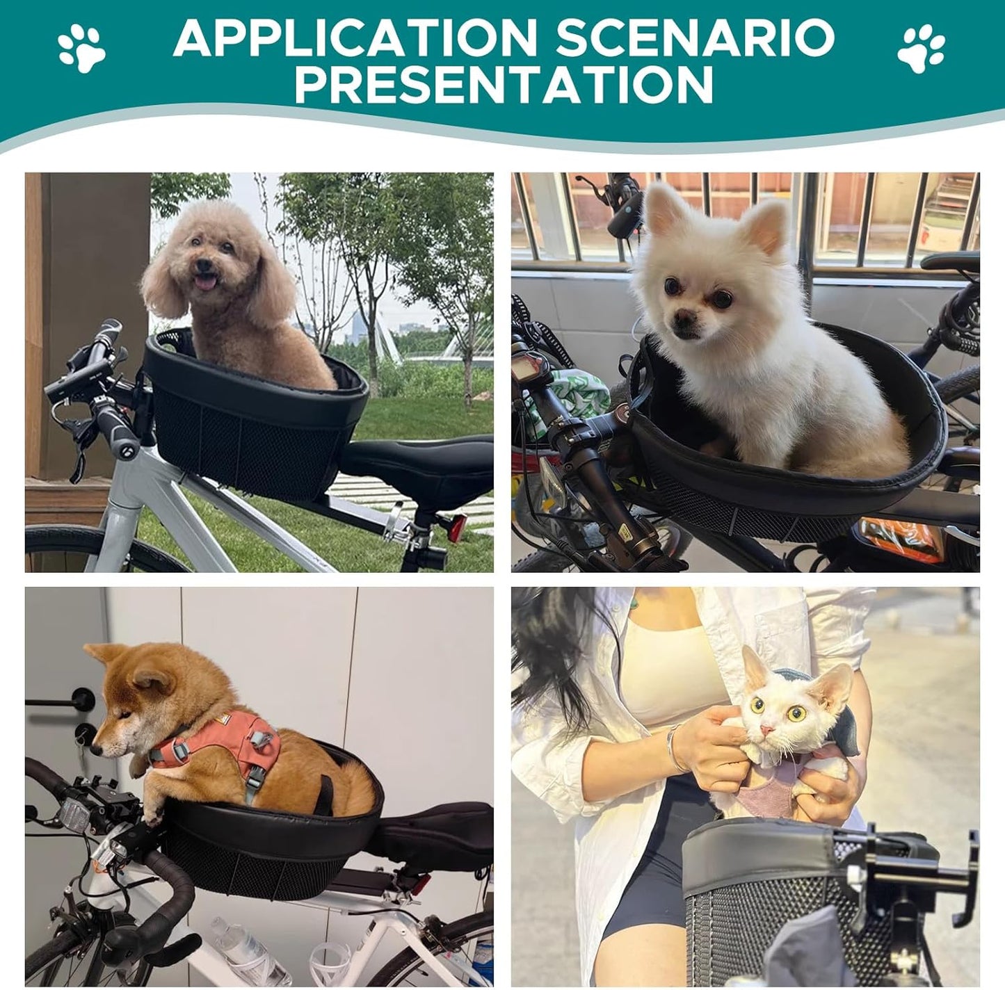 Dog Bike Basket Mountain Bike Shopping Basket Portable Cat and Dog Carrier for Bike Front Crossbar with Sponge Liner ty Strap (Black)