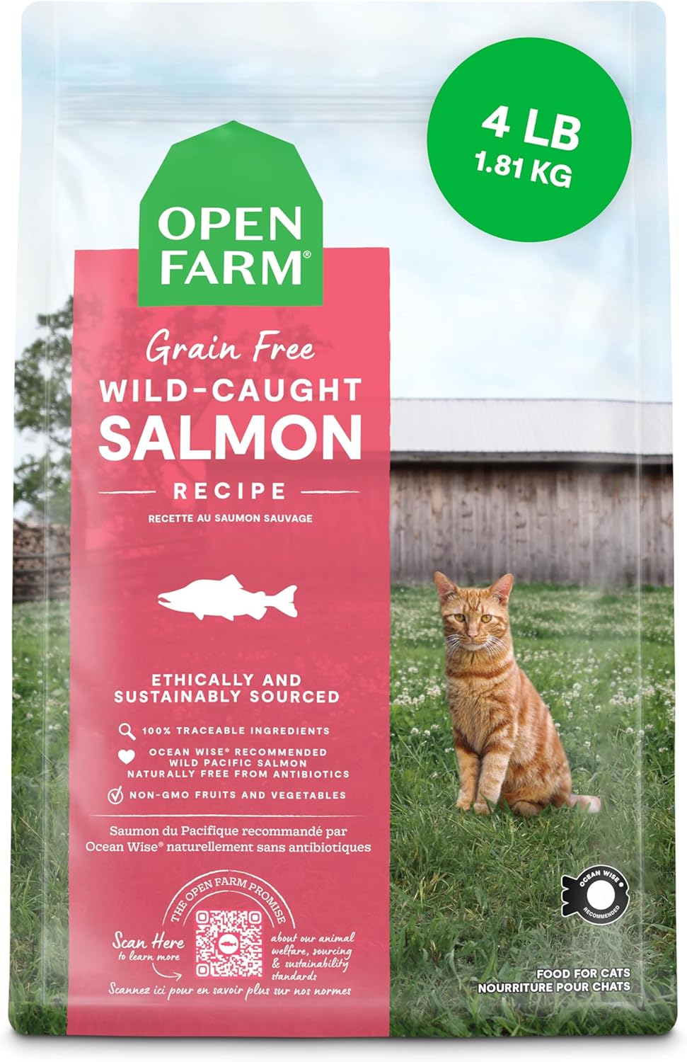 Open Farm, Grain Free Dry Cat Food, High-Protein Kibble for a Complete & Balanced Diet, Non-GMO Fruits & Vegetables, Prebiotic Fibers to Support Digestion, Wild-Caught Salmon Recipe, 4lb Bag