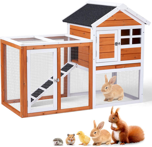 Outvita Rabbit Hutch, Small Wood Chicken Coop, 48" Guinea Pig Cage w/Pull-Out Tray, Waterproof Asphalt Roof, Chicken Run, Interactive Door for Small Animal Pen Outdoor