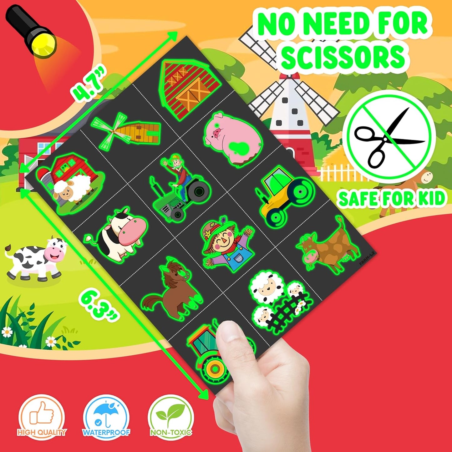 96 PCS Farm Barnyard Animal Glow In The Dark Pre-Cut Temporary Tattoos Sticker 1st First 2nd Birthday Decorations Party Favors Supplies Gift Boy Girl Farmhouse Tattoo School Reward Themed (Luminous)