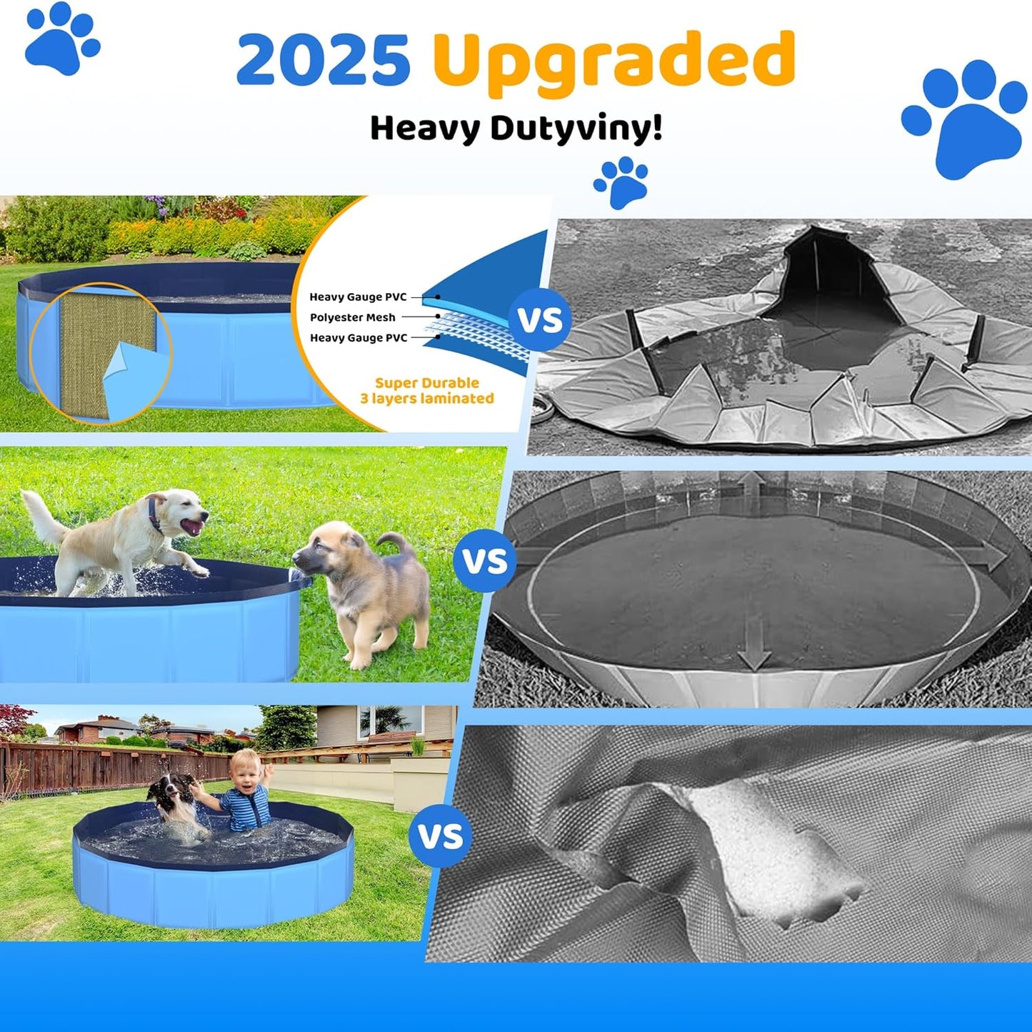 48" x 12" Foldable Dog Pool - Collapsible Hard Plastic Kiddie Pool for Dogs & Kids, Non-Slip Pet Bath Tub for Outdoor Backyard Use, Lightweight & Portable (Blue)