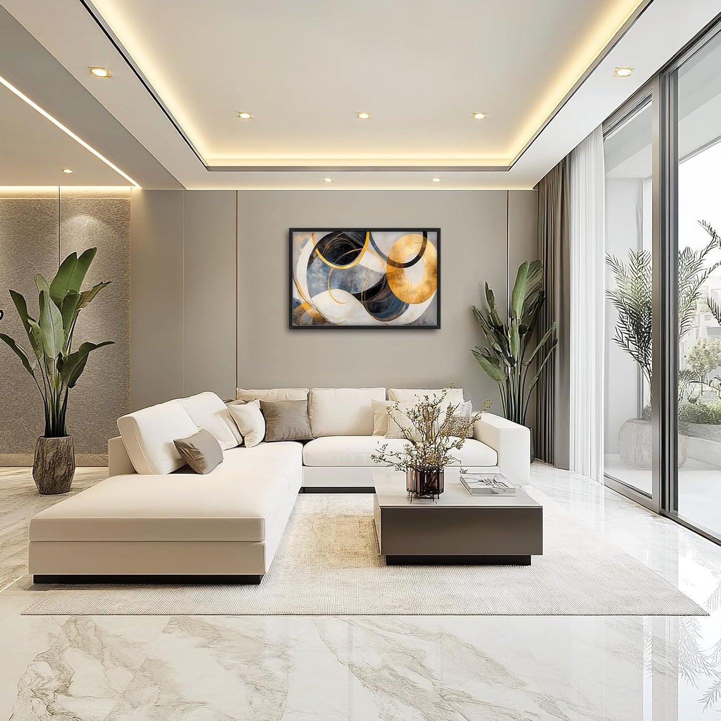 Large Abstract Wall Art for Living Room, Oversized Abstract Circle Wall Decor, Black and Golden Abstract Canvas Painting Modern Artwork Home Decoration for Living Room Bedroom Office Framed 36"x24"