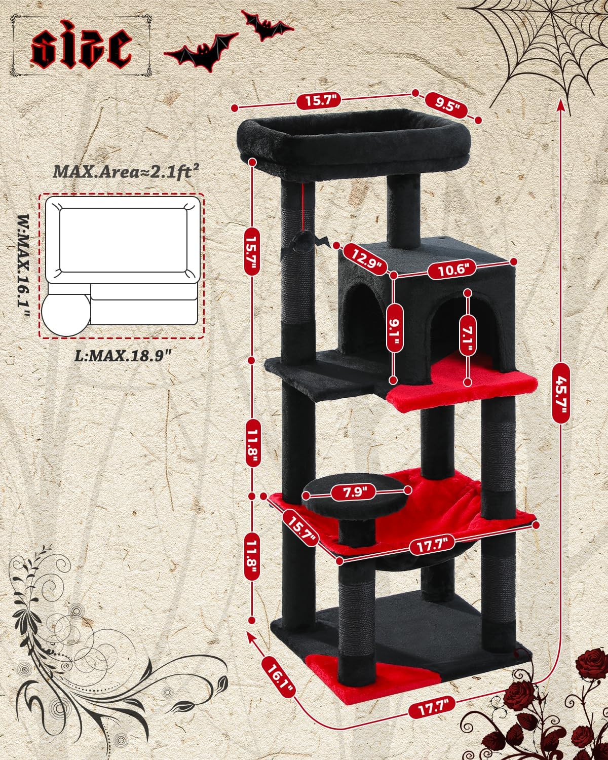 Gothic Cat Tree with Super Large Hammock, 45.7" Black Cat Tower with Coffin Bed, Cat Condo, Sisal Scratching Posts & Top Perch, Multi-Level Goth Cat Tree, Halloween, Black