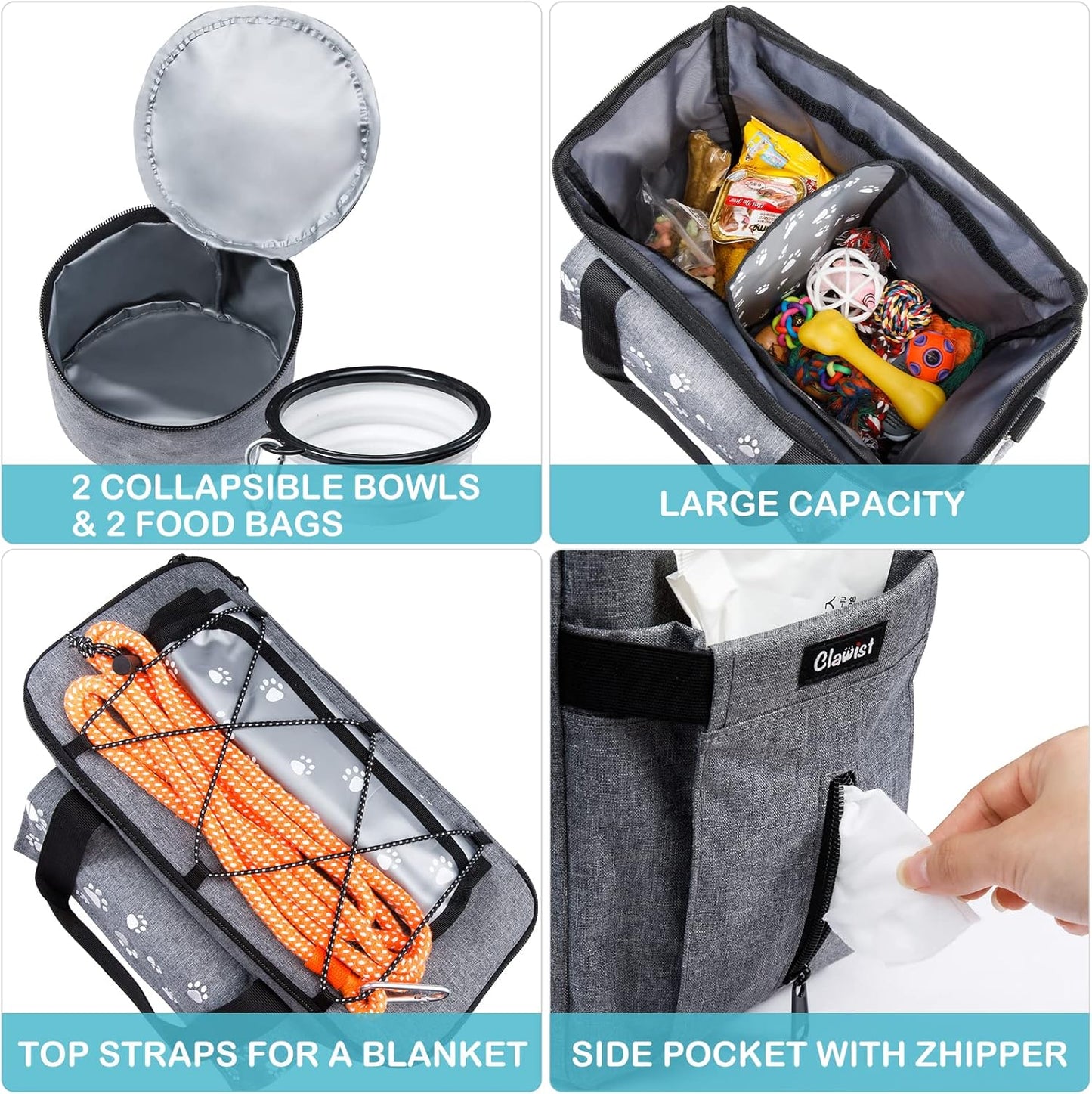 Large Dog Travel Bag, Airline Approved Dogs Bags for Traveling, 2 Dog 's Food Travel Container and Collapsible Bowls, Weekend Pet Travel Bags