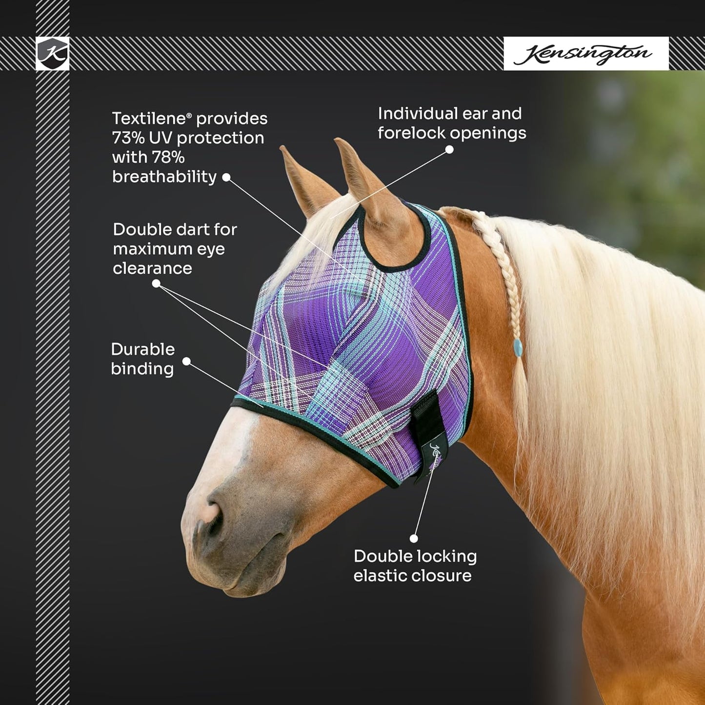 Kensington UV Horse Fly Mask with Web Trim - Protective Mask with Dual Ear Opening & Forelock Freedom - Large, Imperial Jade