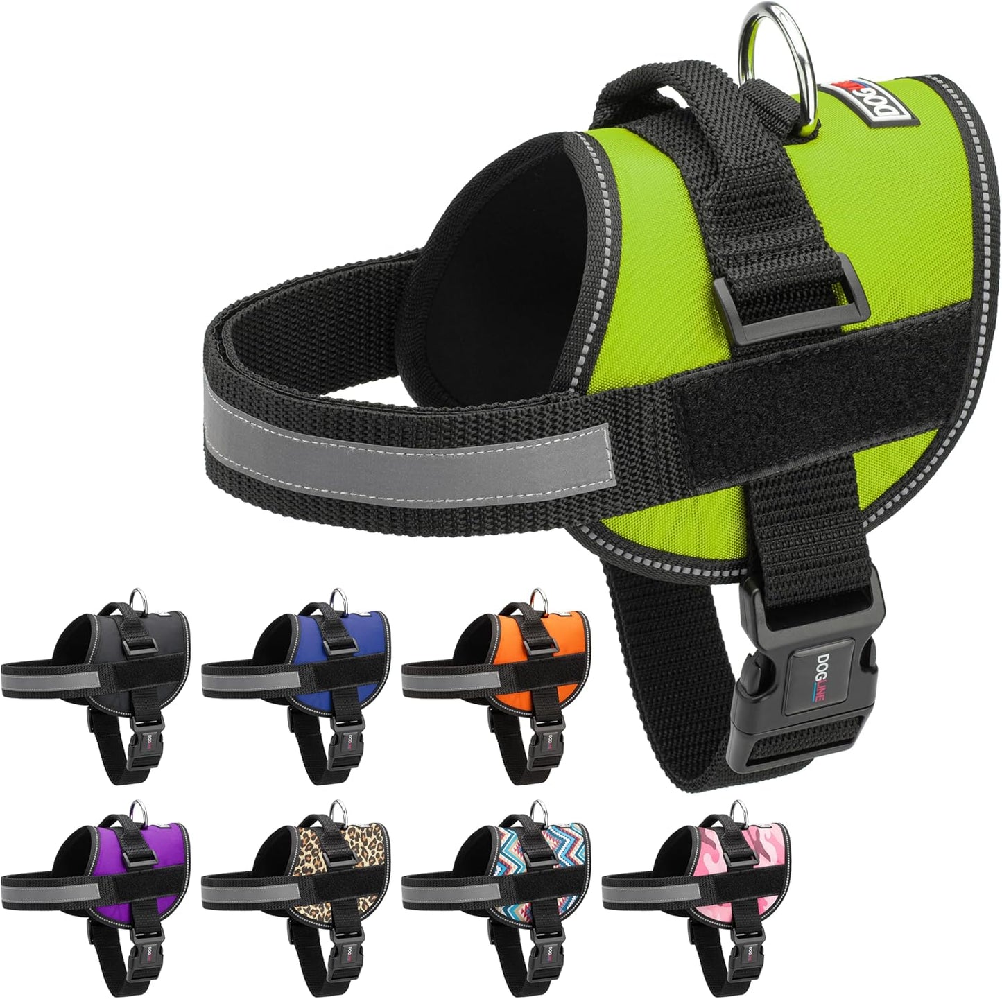 Dogline Dog Harness, Reflective No-Pull Adjustable Vest with Handle for Walking, Training, Breathable, No - Choke Harness for Small, Medium or Large Dogs Room for Patches Girth 22"-28" in Lime Green