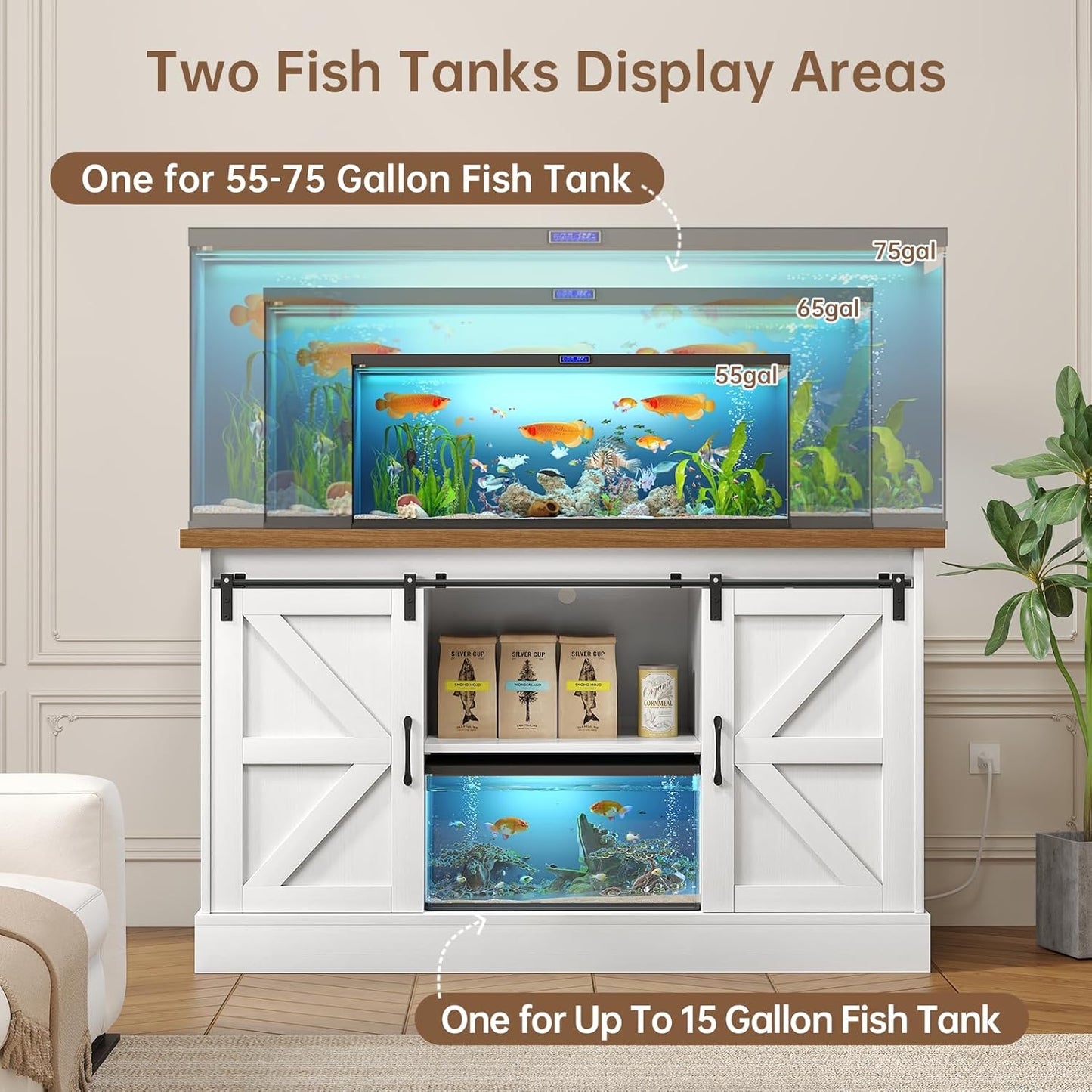 55-75 Gallon Fish Tank Stand with Sliding Barn Doors & Power Outlet, Heavy Duty Aquarium Stand with Cabinet Storage for Fish Tank, Turtle Tank, Reptile Terrarium, 1000LBS Capacity, White