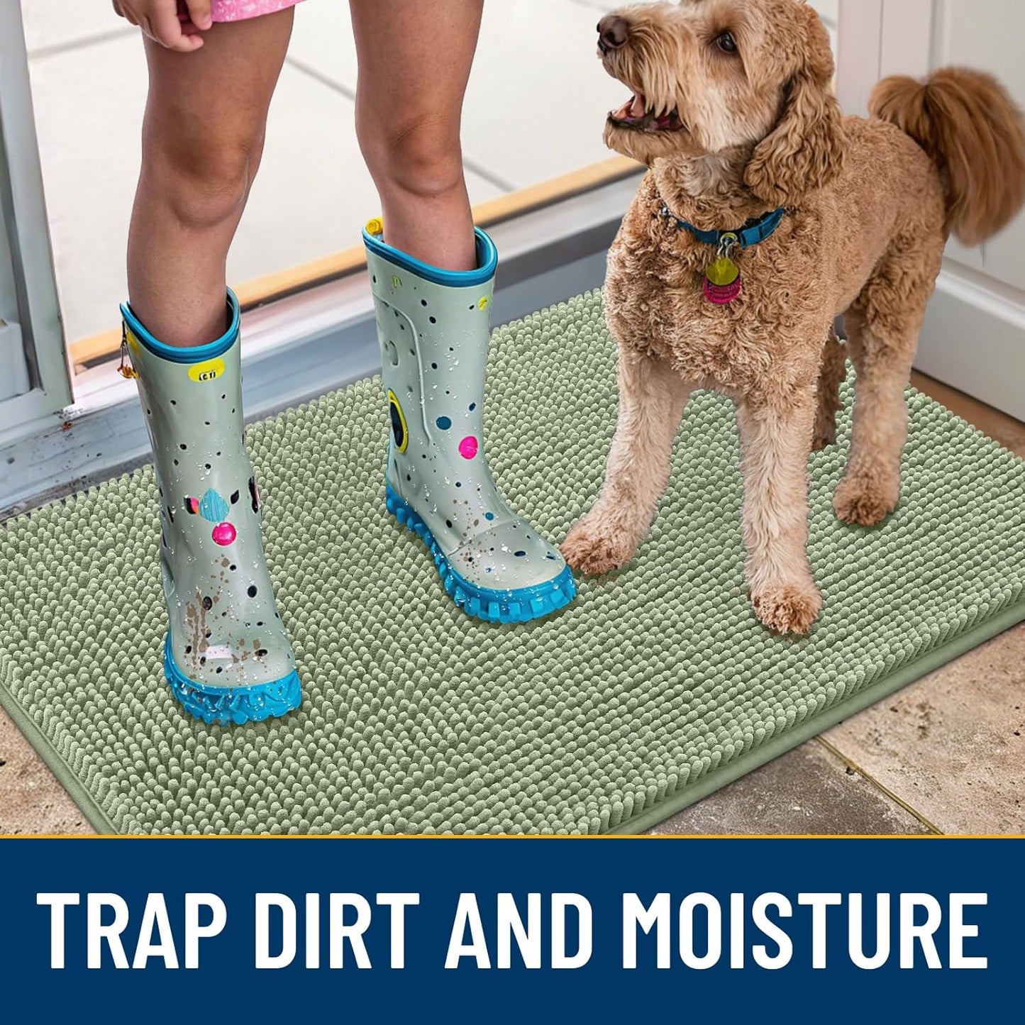 Smiry Dog Door Mat for Muddy Paws 47x24, Absorbs Moisture and Dirt Doormat, Non-Slip Washable Quick Dry Chenille Front Door Mat Indoor Entrance, Entryway Carpet for Inside Floor, Sage Green