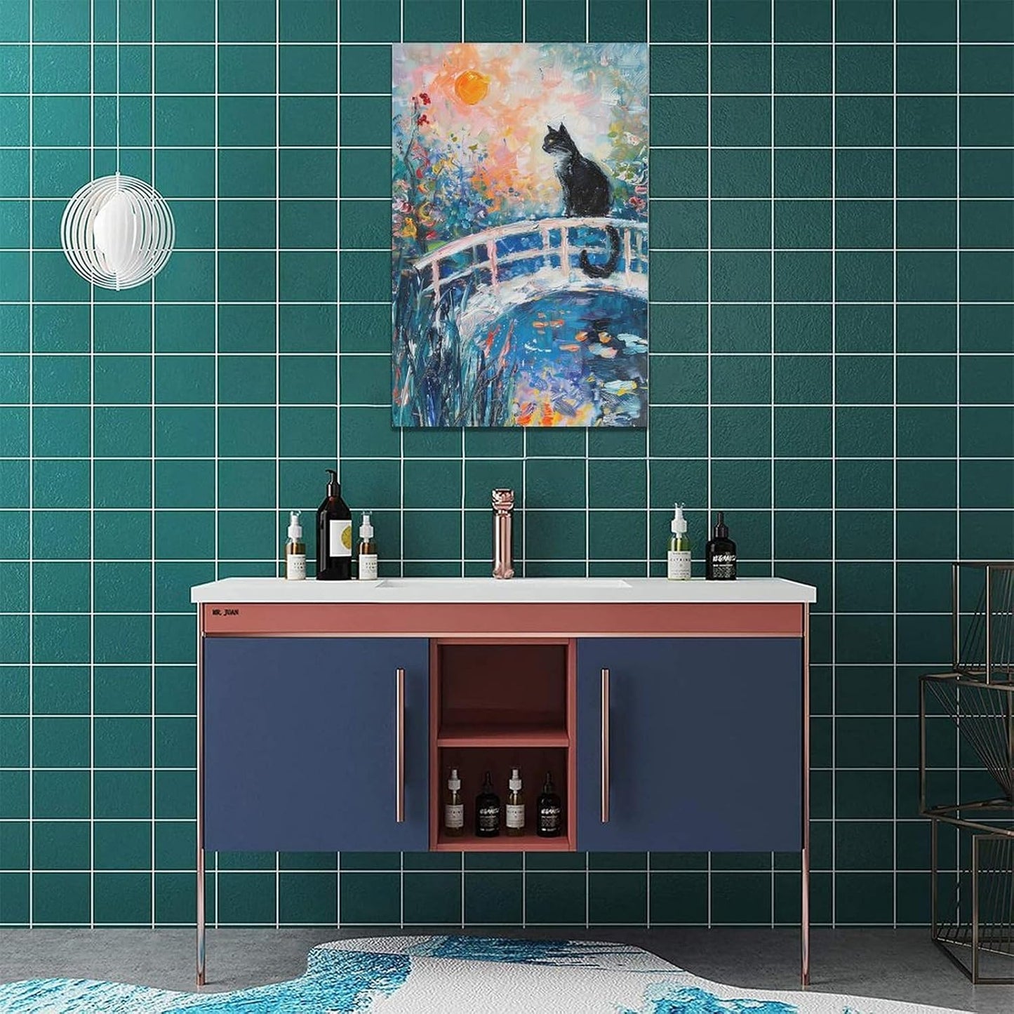 Quorin Black Cat Wall Art Water Lily Sunset Pictures Cat Wall Decor Impressionism Canvas Print Painting Artwork for Bathroom Living Room Bedroom 16"x24"