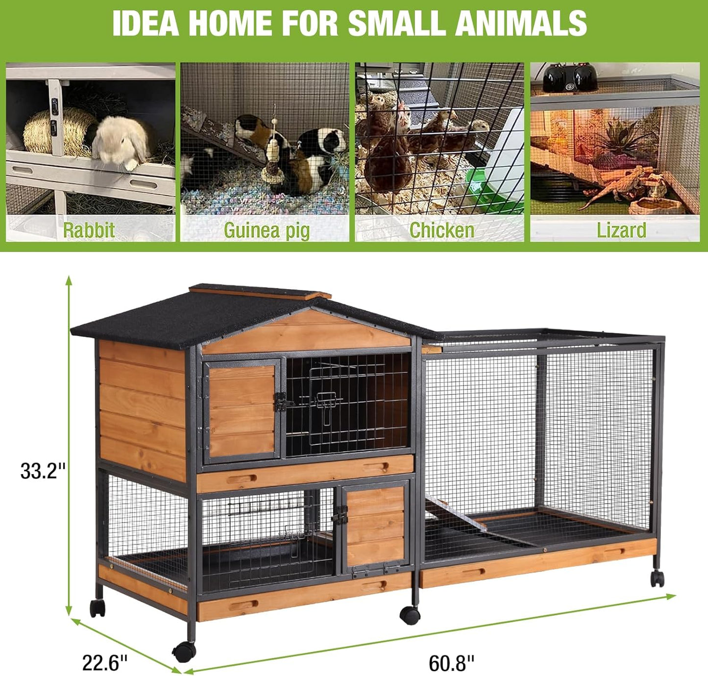 GUTINNEEN Rabbit Hutch Outdoor with Metal Surround Indoor Rabbit Cage with Wheels Bunny Cage Large Guinea Pig Cage for Small Animals with Tray