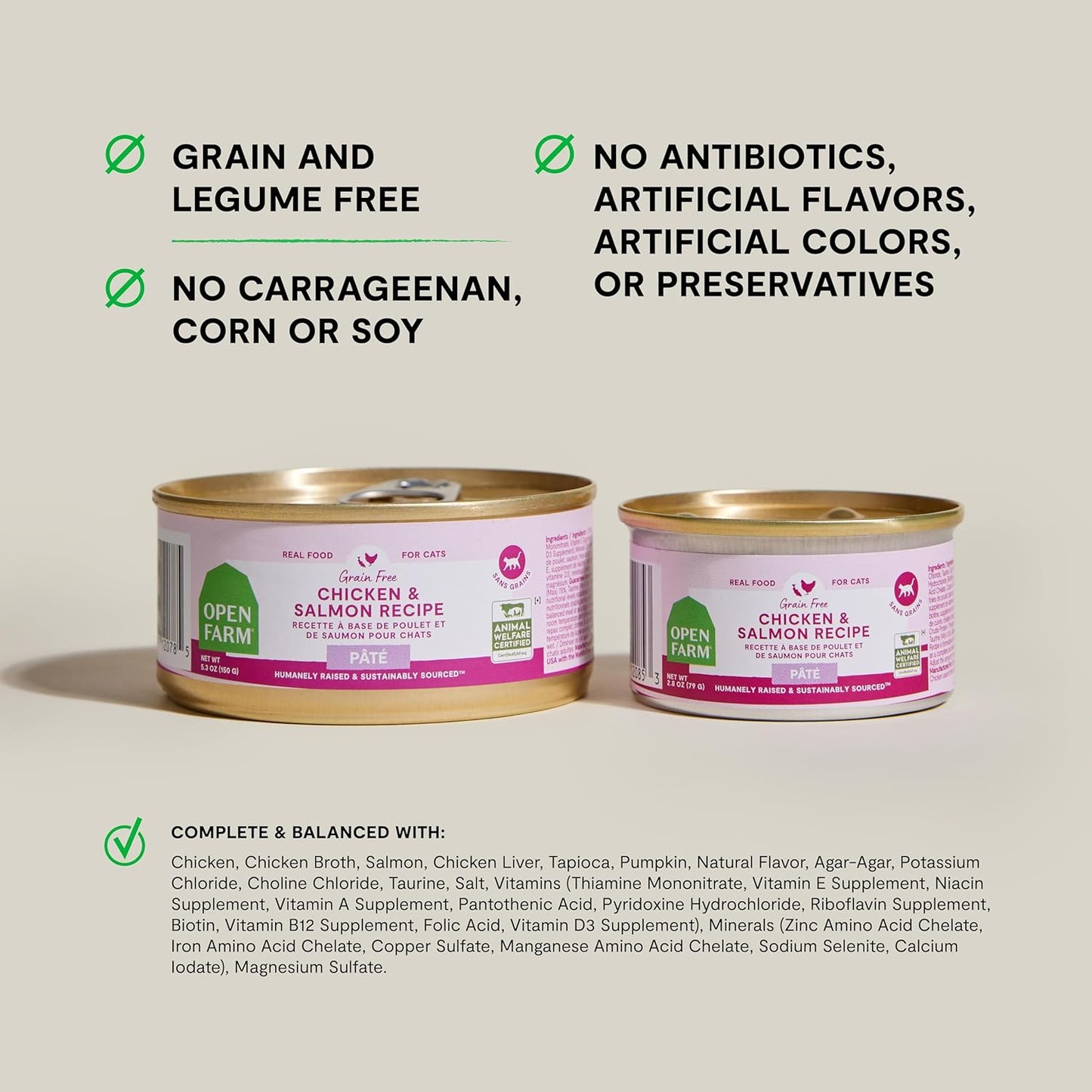 Open Farm Canned Cat Food, Paté for Complete & Balanced Nutrition, Grain-Free and Legume-Free Wet Cat Food, Chicken & Salmon Recipe, 2.8oz Cans (Case of 18)