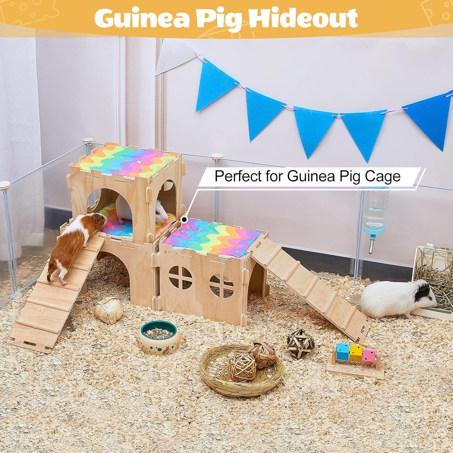 Guinea Pig Hideout, Guinea Pigs House with Stairs and Mats Extra Large Guinea Piggy Castle Detachable Hideouts for Small Animals Wooden Guinea Pig Habitats with Multiple Doors and Windows
