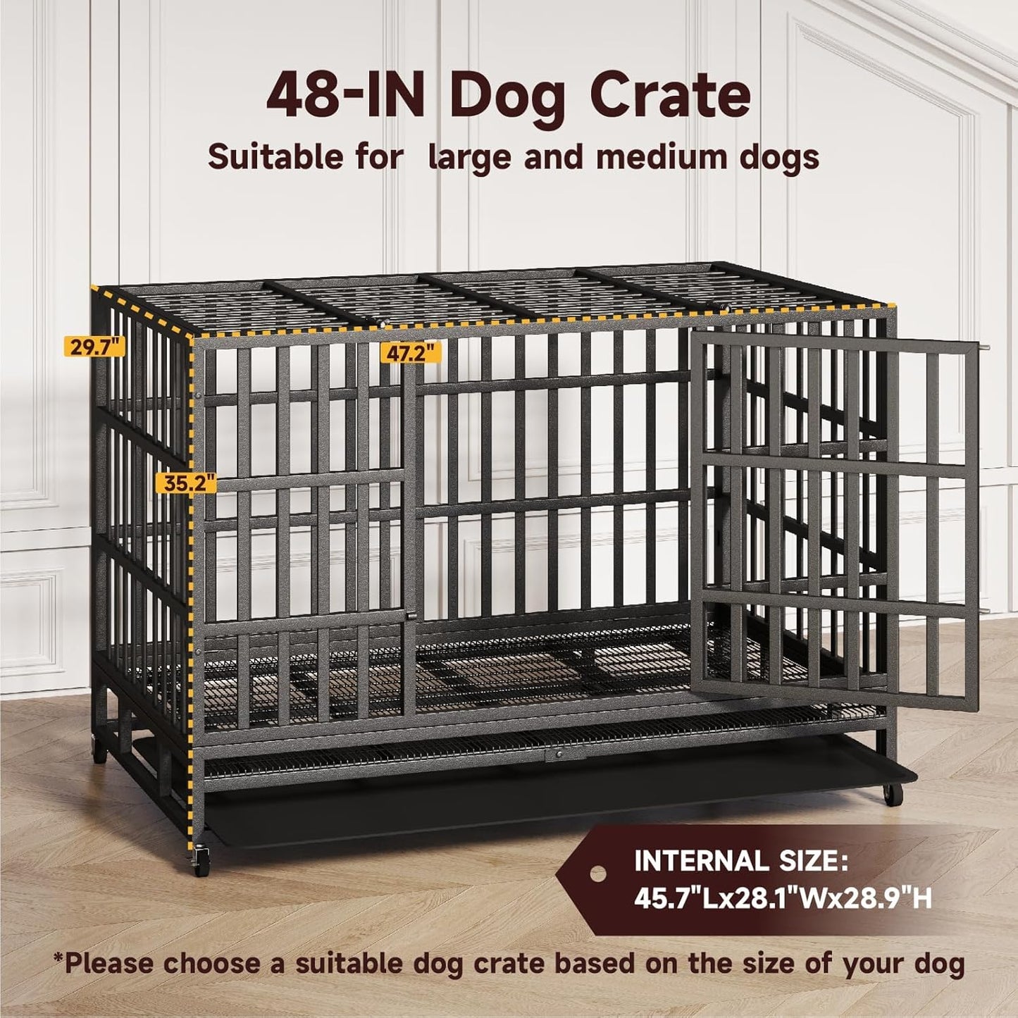 48 Inch Heavy Duty Indestructible Dog Crate Steel Escape Proof, High Anxiety Cage, Kennel with Wheels, Removable Tray, Extra Large XL XXL
