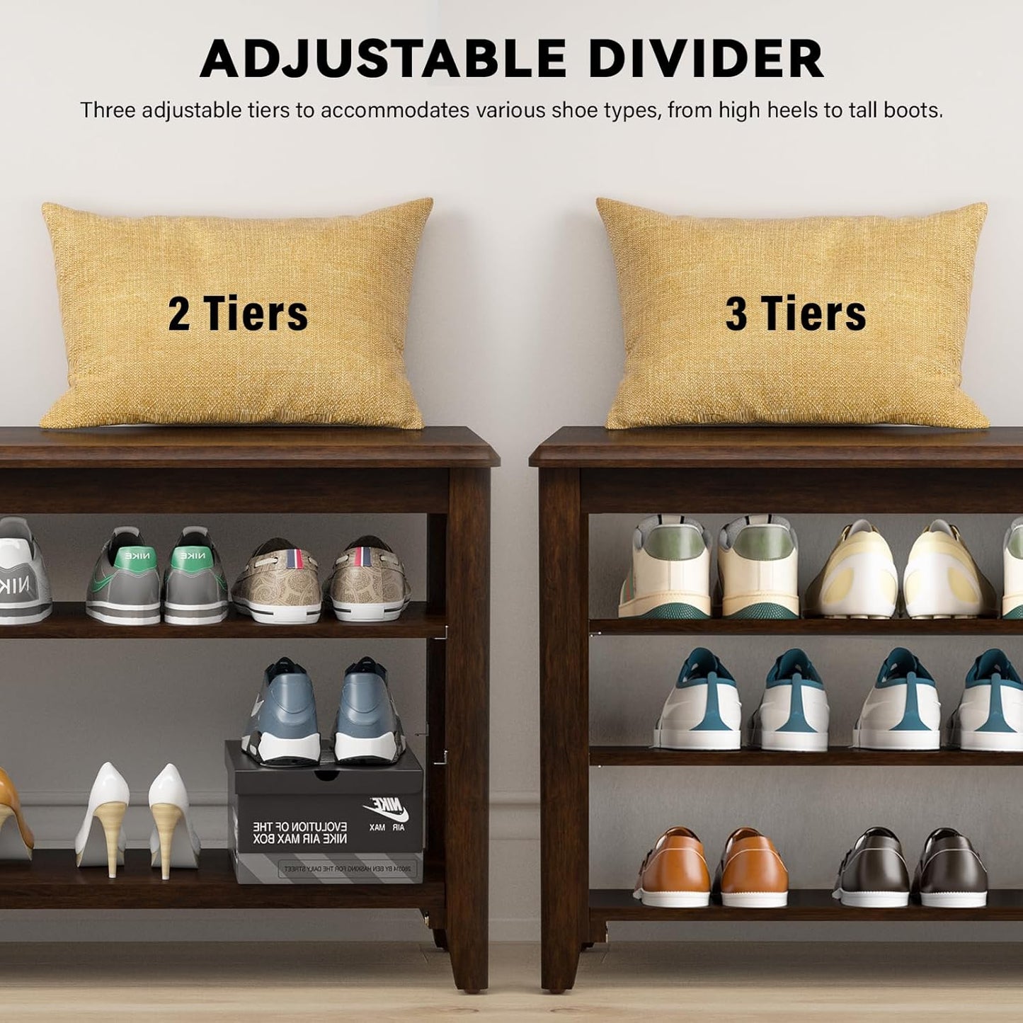 Shoe Bench Storage Rubberwood, Entryway Bench with 3-Tiers Height Adjustable, Shoe Rack Front Door Entrance Organizer for Hallway Living Room, Mudrooms, Walnut,31.5"