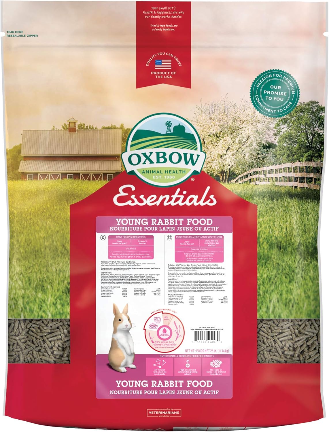 Oxbow Essentials Rabbit Food, Young, Made Alfalfa for Rabbit, Pet Pellets with Vitamins & Minerals, Small Animal Pet Products, Bunny Food, Made in USA, High Fiber, 25 lb. Bulk Bag
