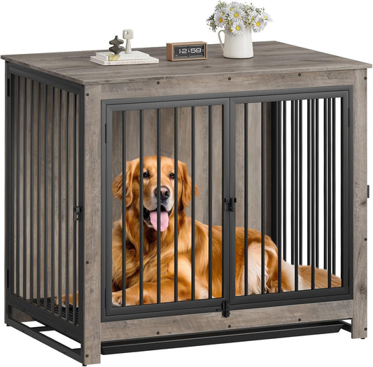Dog Crate Furniture, Large Dog Crate Furniture, Dog Crate End Table for Large and Medium Dogs, Wooden Cage Kennel Furniture Indoor, Modern Dog Crate with Multi-Purpose Removable Tray