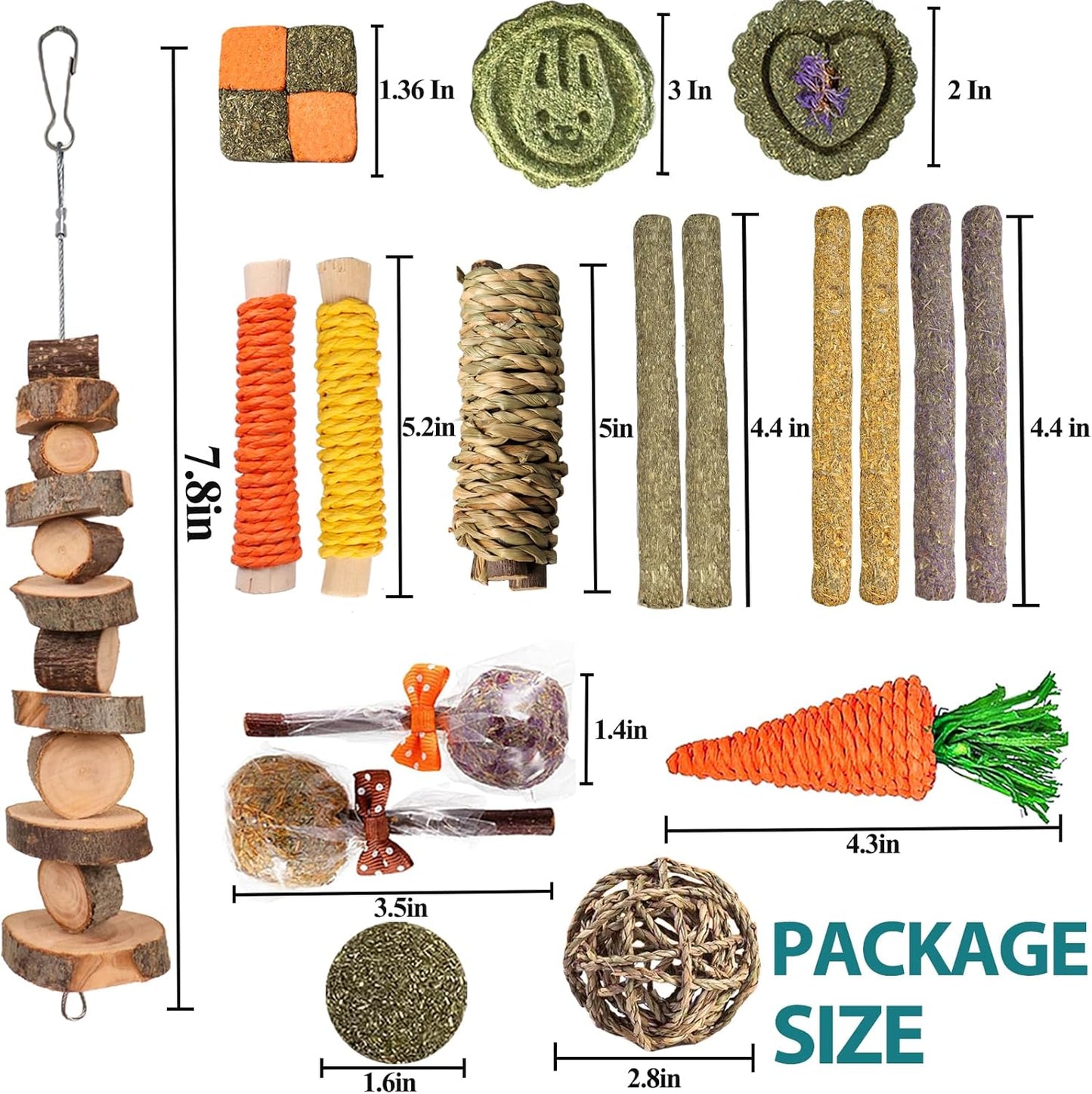 HERCOOCI 18Pcs Rabbit Chew Toys, Bunny Treats and Ball Timothy Hay Stick Toys for Rabbit Bunny Guinea Pig Chinchilla Hamster Teeth Care