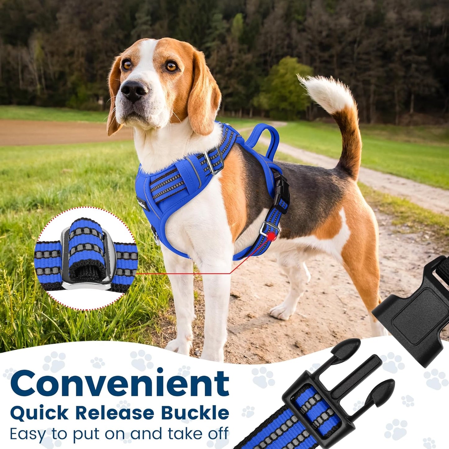 Funfox Dog Harness No Pull, Adjustable Pet Vest Harness, Super Soft Material with Vertical Handle Easy Control, Reflective Night Walking, 2 Leash Clips for XLarge Dogs, Blue, XL