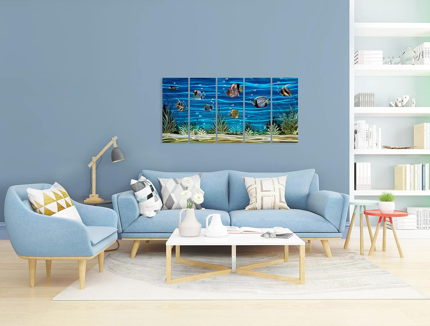 SYGALLERIER School Of Fish Metal Wall Art Handcrafted 3D Coastal Aluminum Artwork Modern Abstract Sea Styles Wall Accent in Blue Green Silver Color for Living Room Bedroom Bathroom Decor