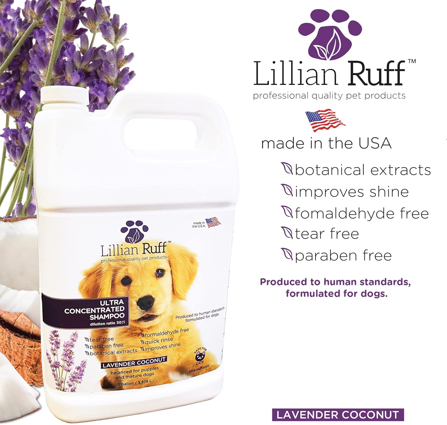 Lillian Ruff High Concentrate Professional Grooming Shampoo for Dogs with Hydrating Essential Oils – 30:1 Concentration for Bathing System - Clean, Condition, & Deodorize Dry Sensitive Skin (Gallon)