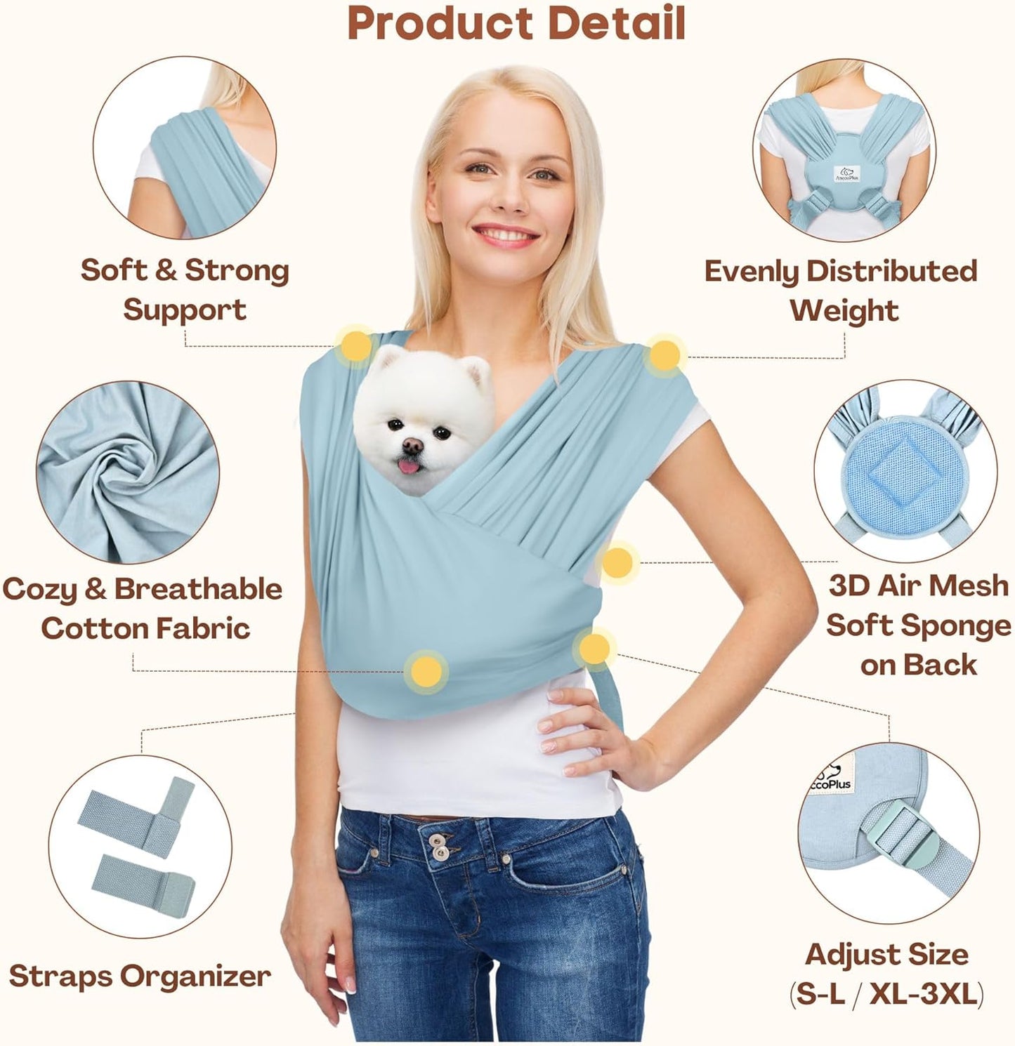 Dog Carriers for Small Dogs, Front Facing Dog Sling Carrier, Hands Free Cat Carrier, Size Adjustable, Reducing Back Pain, Premium Cotton, Safe and Soft Dog Carrier (Regular, Baby Blue)