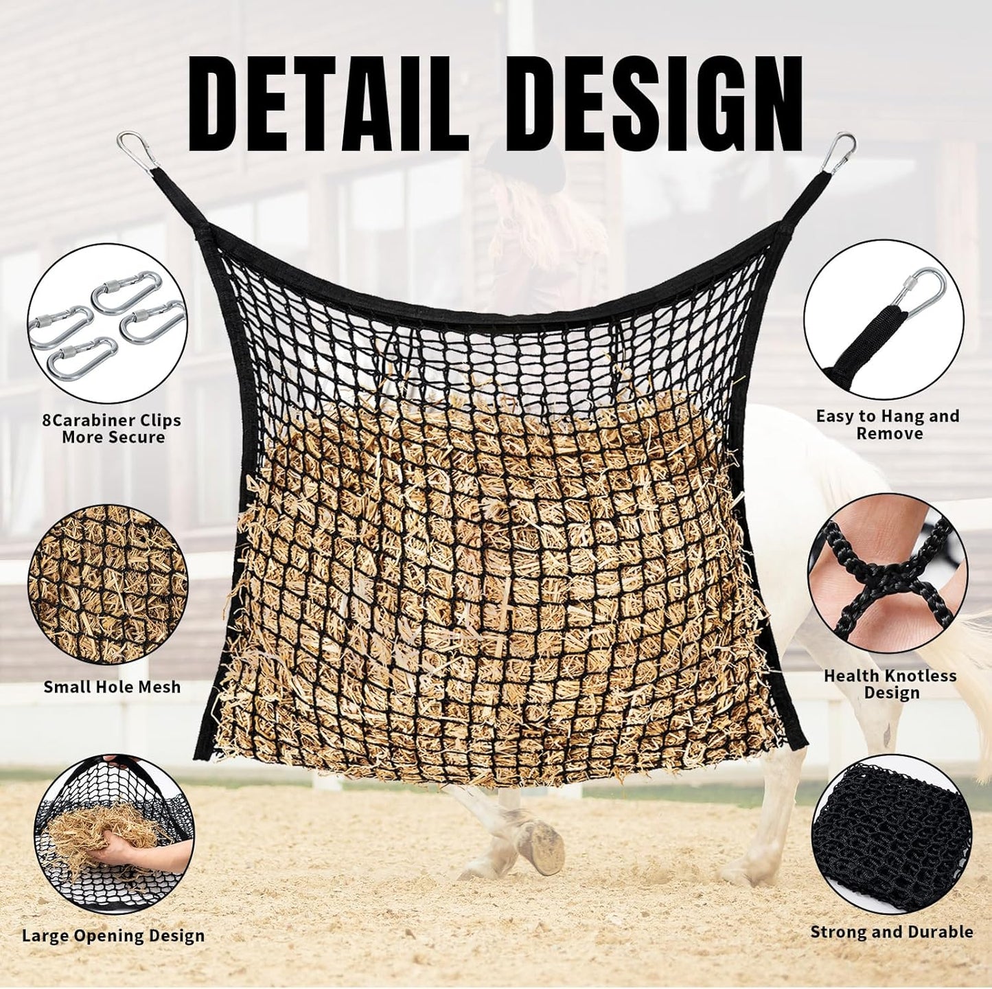 4 PCS Slow Feed Hay Net for Horses, Large Capacity Hay Bags for Horses Goats Sheep Donkey Trailer Full Day Feeding, Easy to Fill and Hang, Black, 35 x 31 Inch