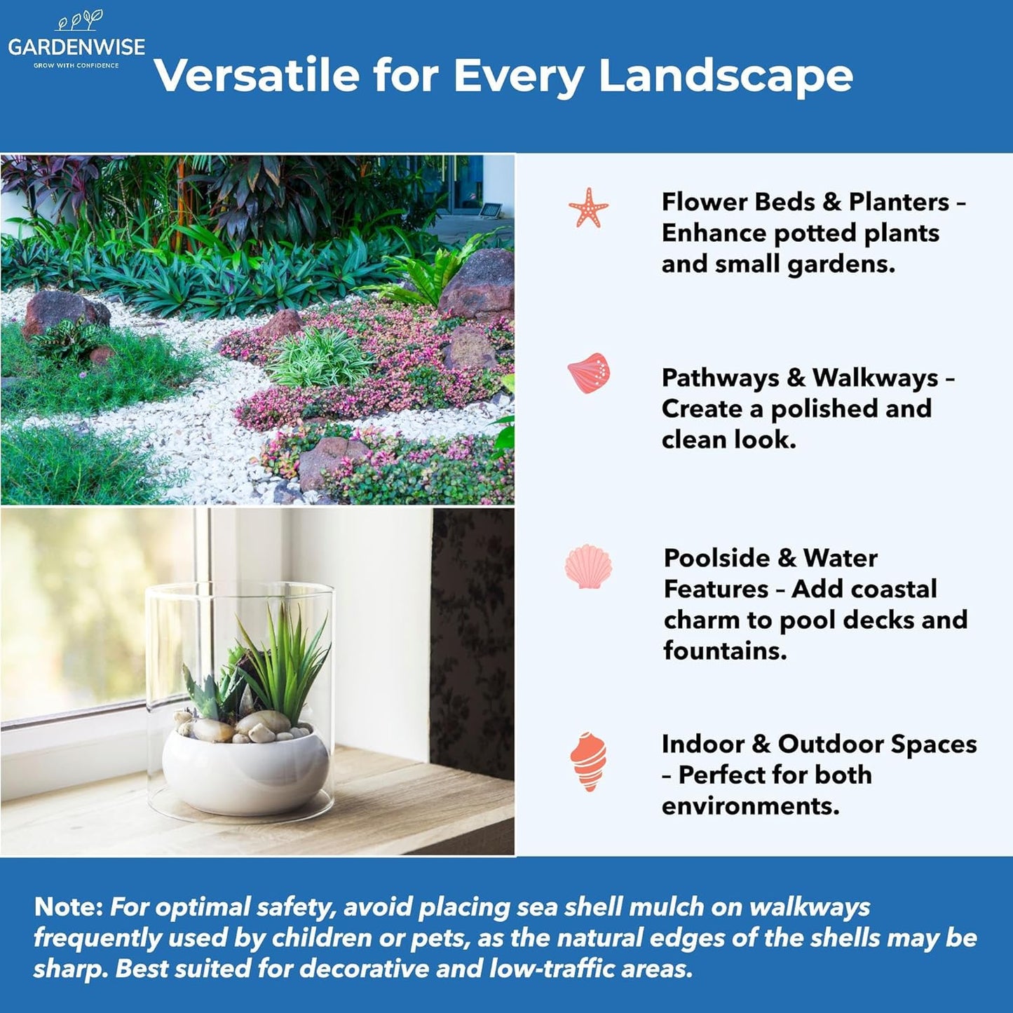 Natural Organic Sea Shell Mulch for Gardens and Landscaping – Decorative and Nutrient-Rich, 0.5–3-Inch Shells, Perfect for Indoor and Outdoor Use (0.3 CF - 8 L - 9 QTS)