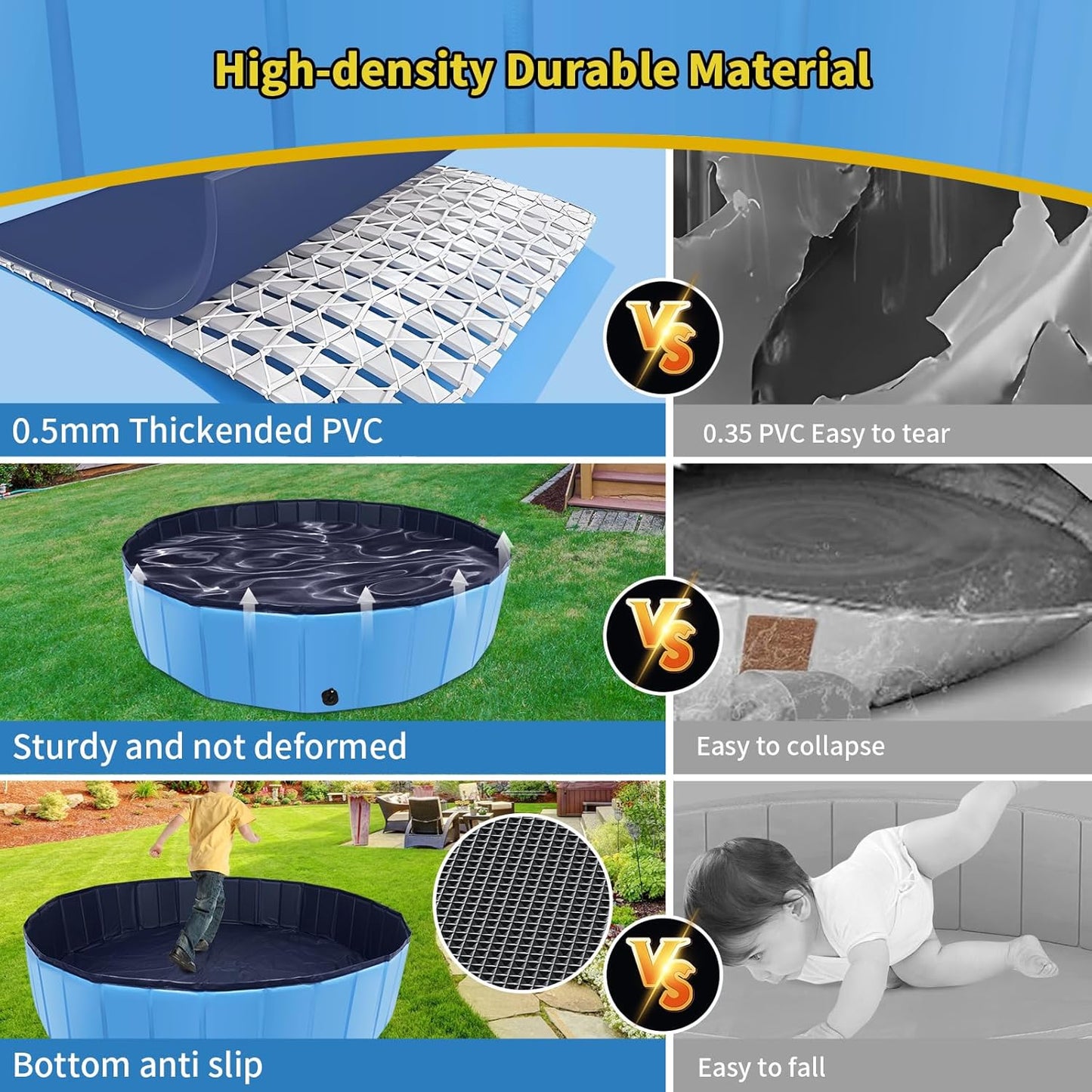 Foldable Dog Pool, 71" x 12" Large Kiddie Pool with Hard Plastic, Non-Slip Dog Bath Tub for Outdoor Backyard, Collapsible Dog Swimming Pool for Kids Dogs Pets (Blue)