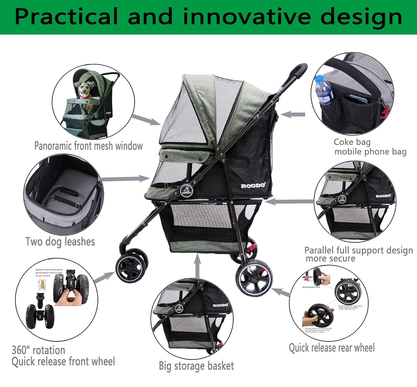 ROODO 3 Wheel Dog Pet Cat Stroller Best Lightweight Foldable Compact Portable Jogger All Terrain Travel Pet Gear Puppy Kitty Stroller for up to 30lbs Medium Small Dogs and Cats(Cationic ash)
