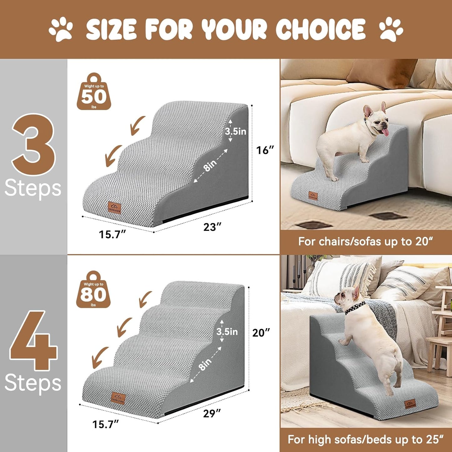 Dog Ramp and Stair for Bed 16" H-20 H,3-Step Cat Stair for Sofa and Chair,4-Step Dog Ramp for High Bed and Window,Durable Nonslip Fabric Cover for Indoor (Light Grey-20 H, Pet Friendly, 4)