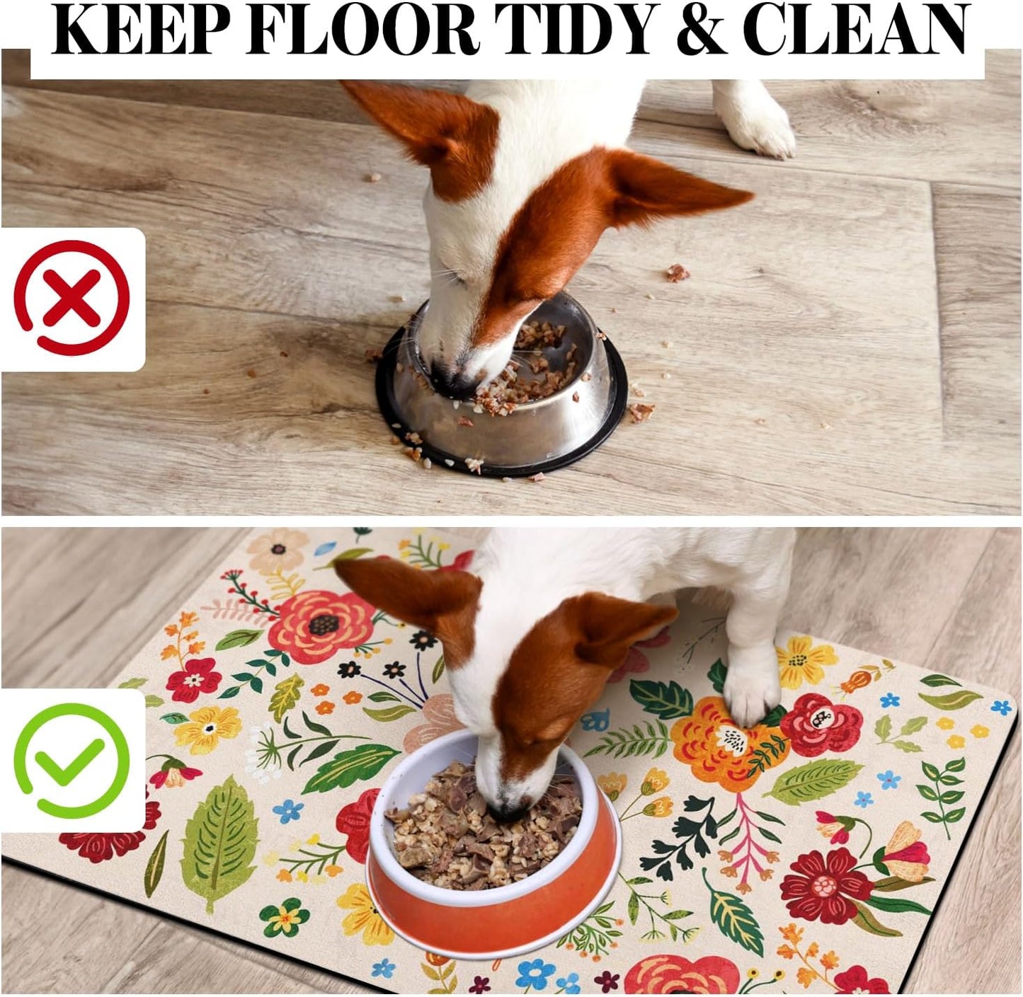 Dog Food Mats for Floors, Absorbent Quick Dry Pet Cat Food Mat, Dog Bowl Mats for Food and Water Dispenser Mat, Eco-Friendly Dog Accessories Pet Supplies 12""x20"", Floral White