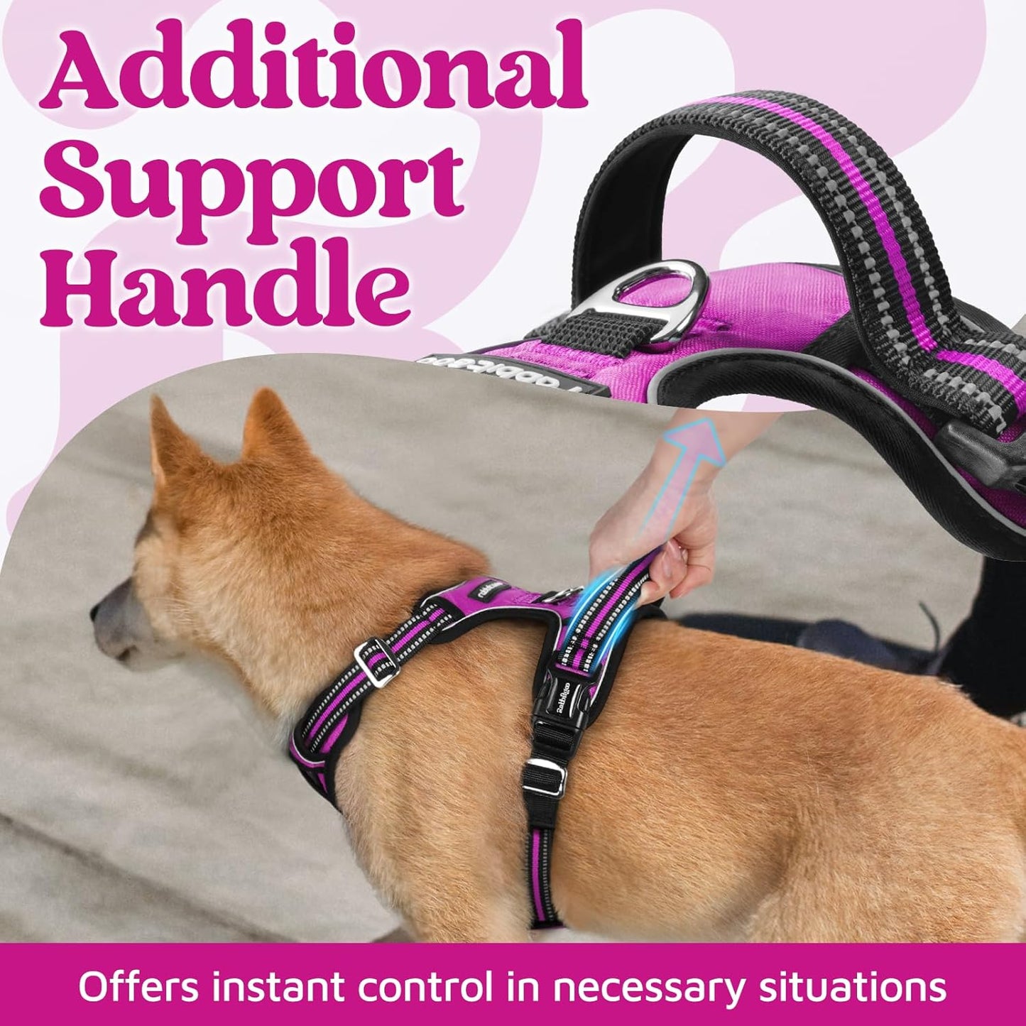 rabbitgoo Dog Harness Medium Sized, No Pull Dog Vest with 3 Buckles, Adjustable Soft Padded Pet Harness with Easy Control Handle and Reflective Strips, Purple, M