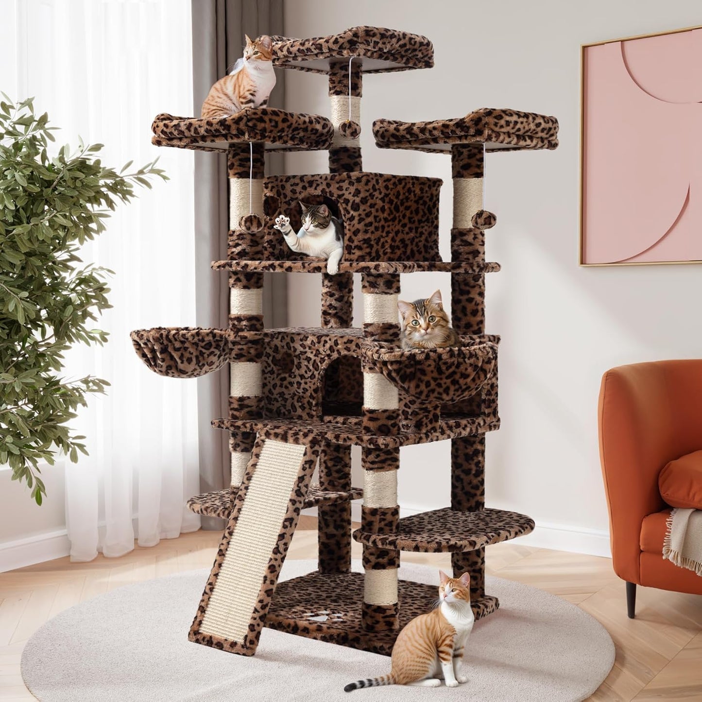 SHA CERLIN 68 Inches Multi-Level Large Cat Tree for Large Kitties/Big Cat Tower with Condo/Cozy Plush ‌Pussycat Perches/Sisal Scratching Posts and Hammocks/Activity Center/Leopard Print