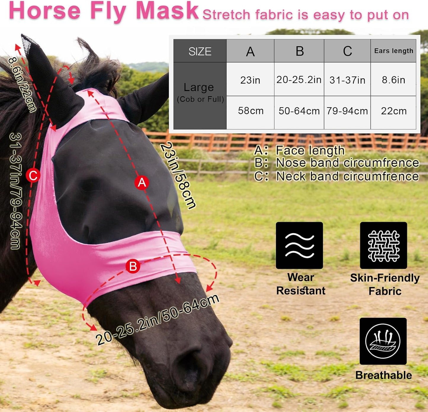 2 Piece Horse Fly Mask with Ears, Comfortable Fit Stretch Fabric Big Eye Space Soft Breathable with UV Protection for Full Horses (Blue-Pink)