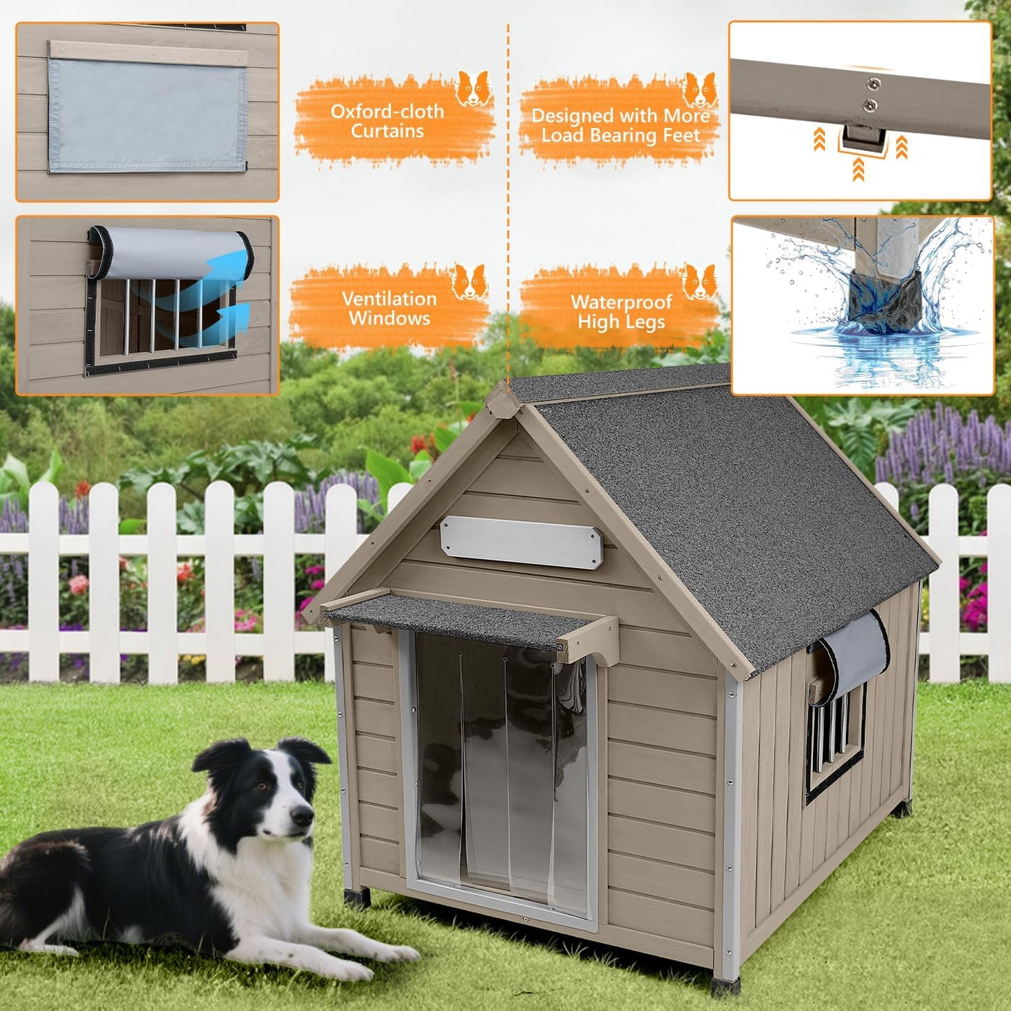 Large Dog House Outdoor Weatherproof, Wooden Dog Kennel Shelter with Anti-Chewing Iron Frame, Removable Floor for Medium to Large Dogs, Easy Clean and Assemble (30.5" L*37.4" W*39.3" H)
