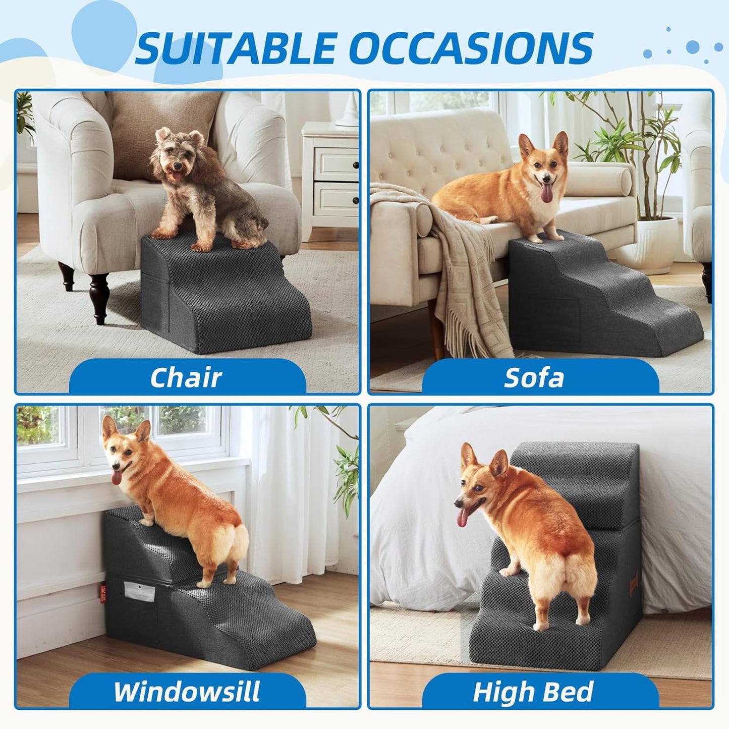 Dog Stairs 3-Step for Small Dogs and Cats to Get on Bed and Furniture/Windows, Pets Can Climb, Sit, or Perch to Look Out Windows, Extra Wide Dog Steps, Non-Slip Waterproof Fabric Cover, Grey（15.7" H）